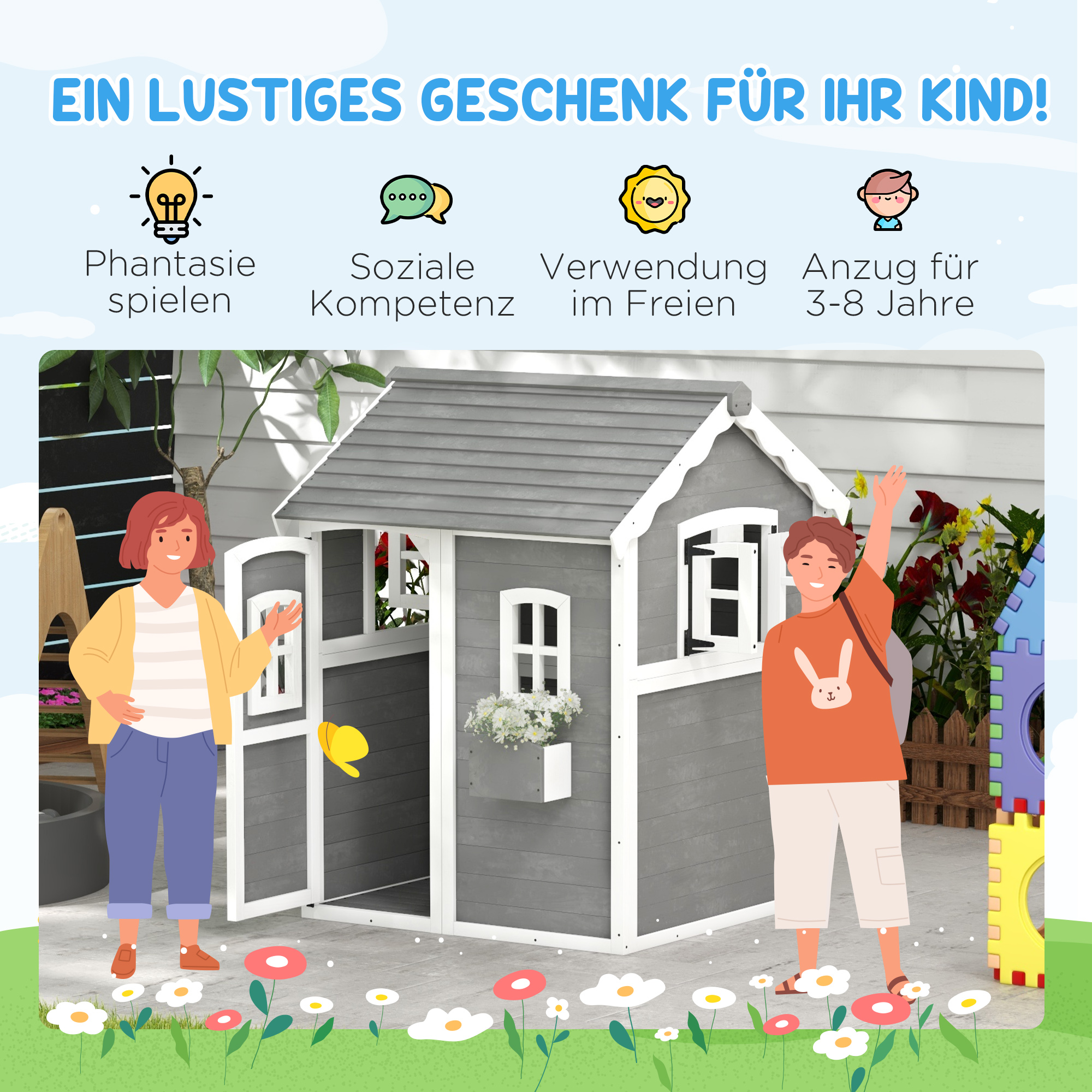Spielhaus für Kinder, Indoor- und Outdoor-Haus mit Tür, Fenstern und Pflanzkasten, Tannenholz, Grau