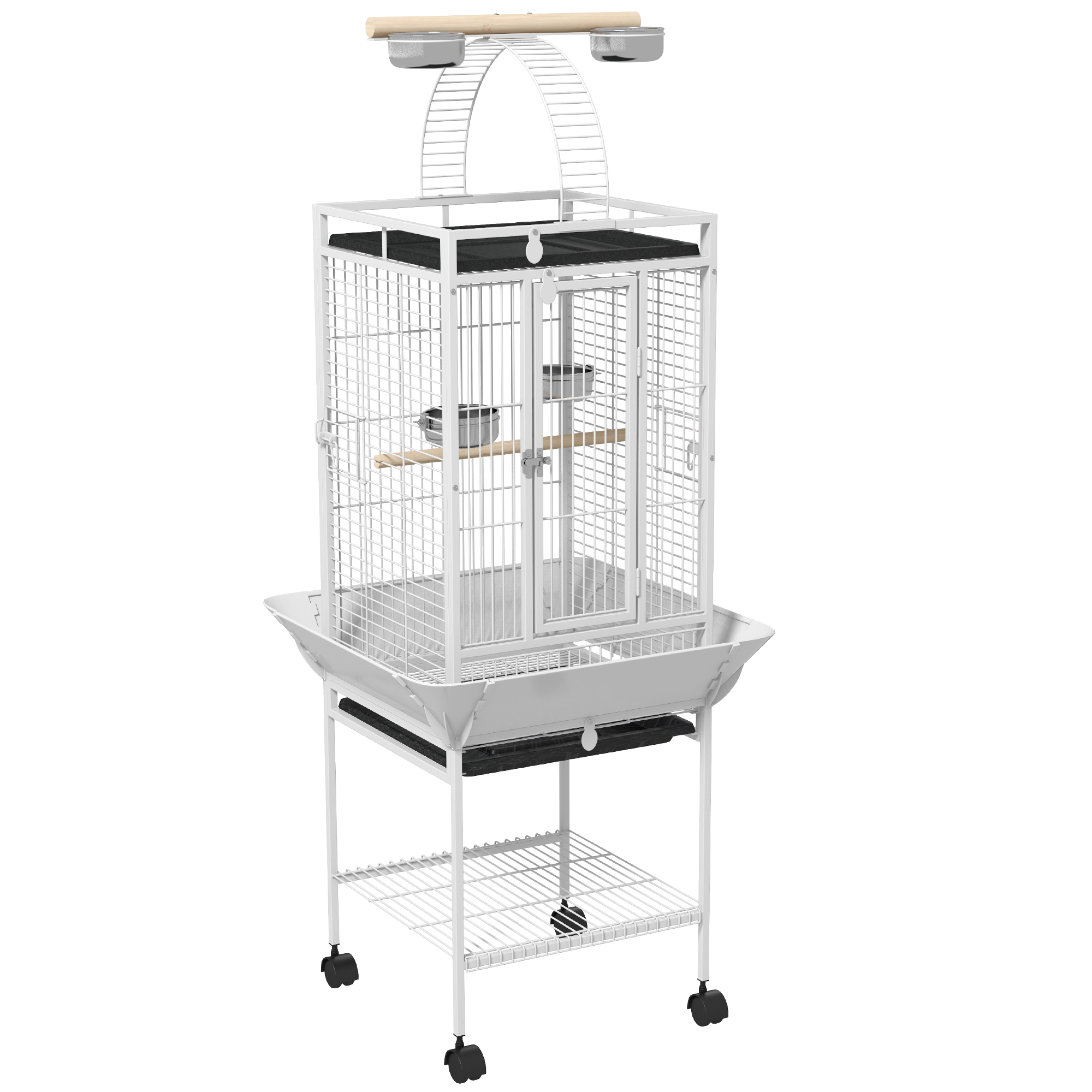 Vogelkäfig, Papageienkäfig mit 3 Türen, 2 Sitzstange, 360° Rollen, Futternapf, Ablage, Freisitz, 62,5x62,5x156cm, Weiß