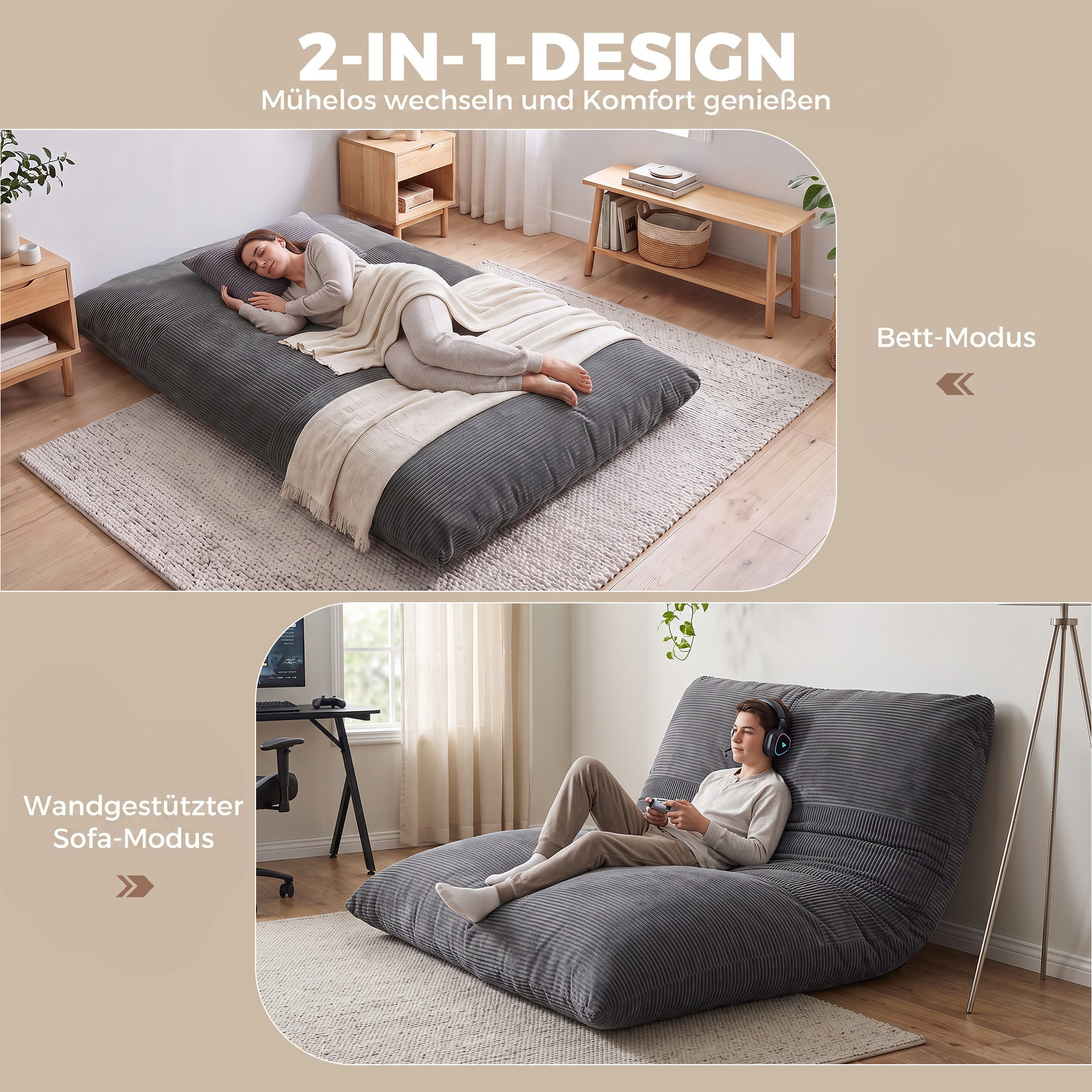 2-in-1 Bodensessel aus Cord, klappbares Bodensofa zum Lesen, Gaming & Meditieren, Schlafsofa für Schlafzimmer