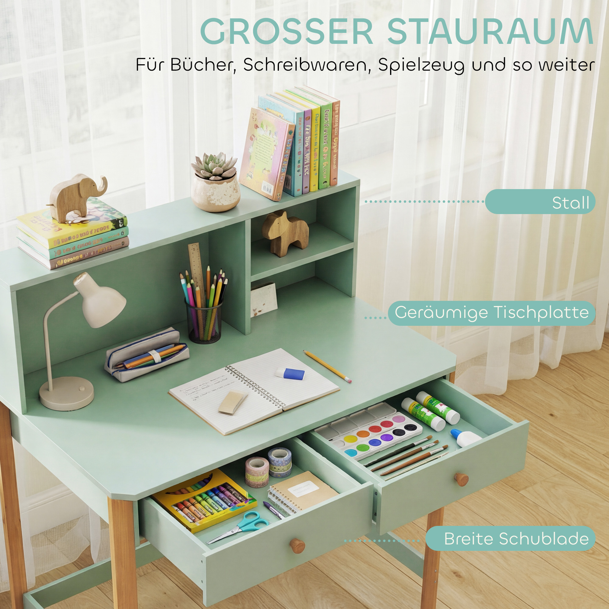 Kinderschreibtisch Schülerschreibtisch mit Schubladen Regal Stauraum für 5-12 Jahre Kinder 90 x 52 x 105 cm Grün