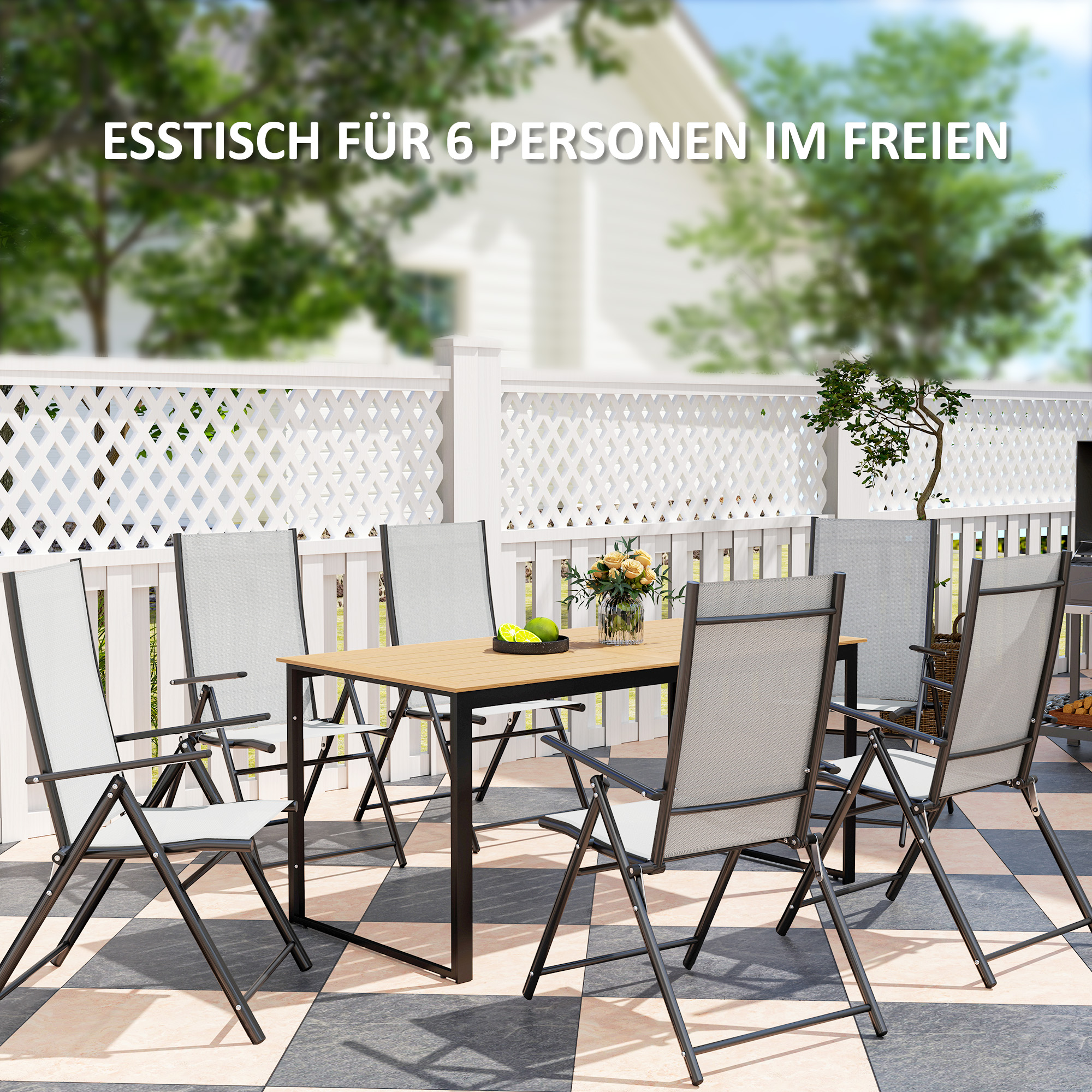 Gartentisch für 6 Personen 160 x 80 cm Wetterfest Balkontisch mit Lamellen-Tischplatte, Buffettisch Outdoor Teak