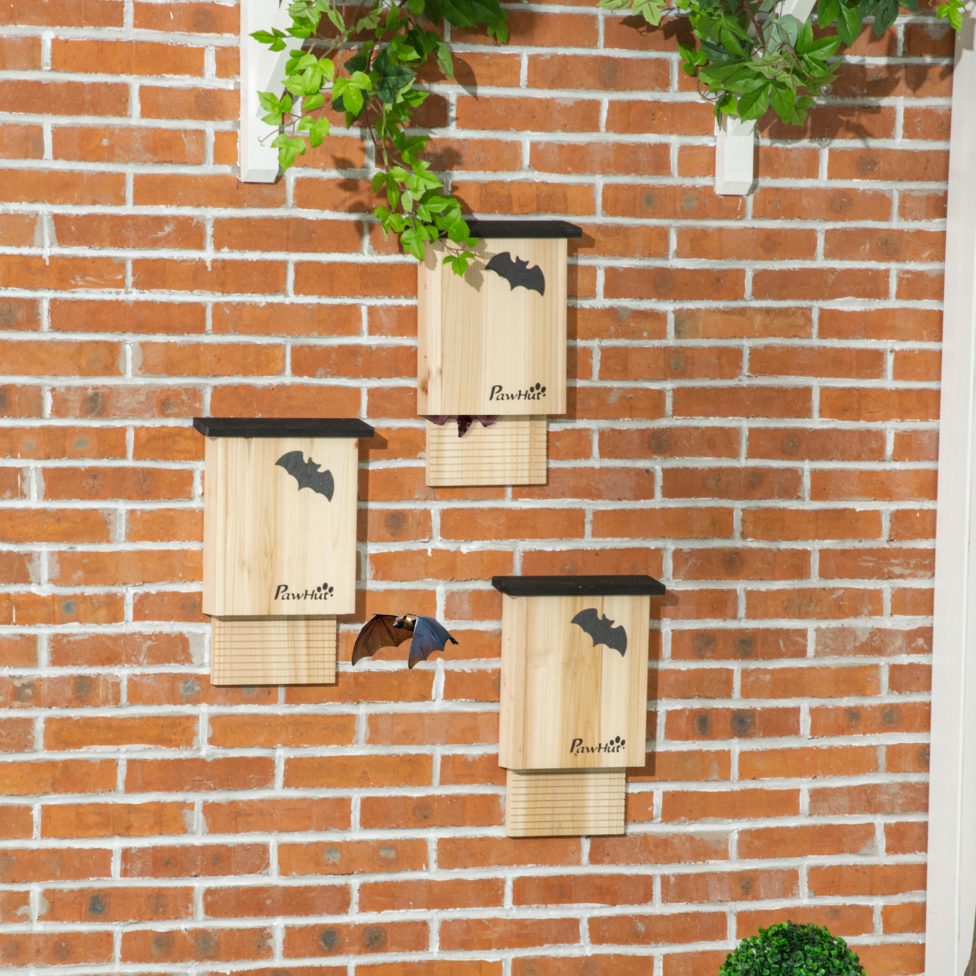 3er-Set Fledermaushaus, wetterbeständig, bis zu 3 Fledermäuse pro Haus, behandeltes Tannenholz, Natur + Schwarz