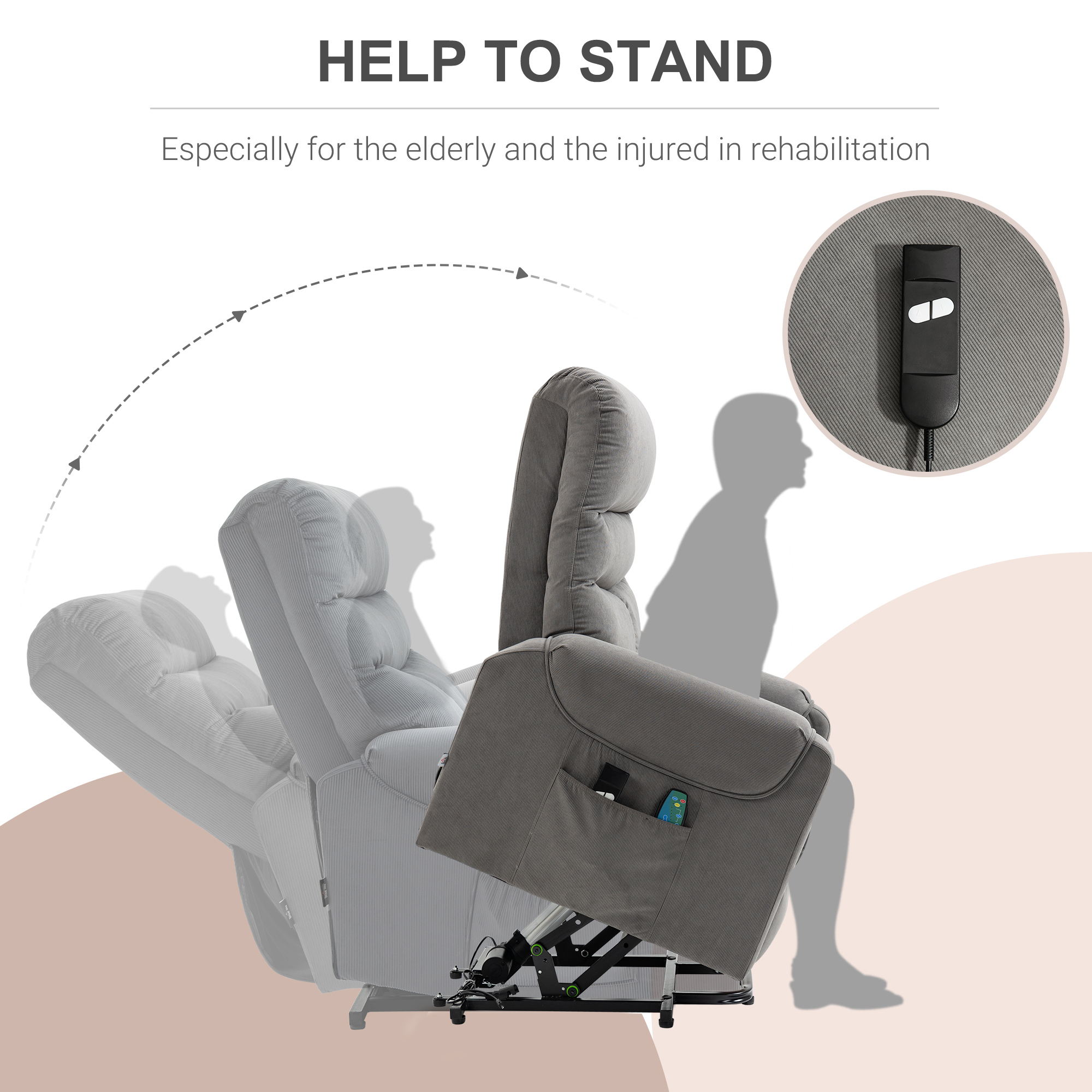 Fernsehsessel mit Aufstehhilfe Elektrisch, Massagesessel mit Liegefunktion und Wärmefunktion, Relaxsessel mit Fernbedienung und Seitentasche Verstellbar Polyester-Gewebe Dunkelgrau