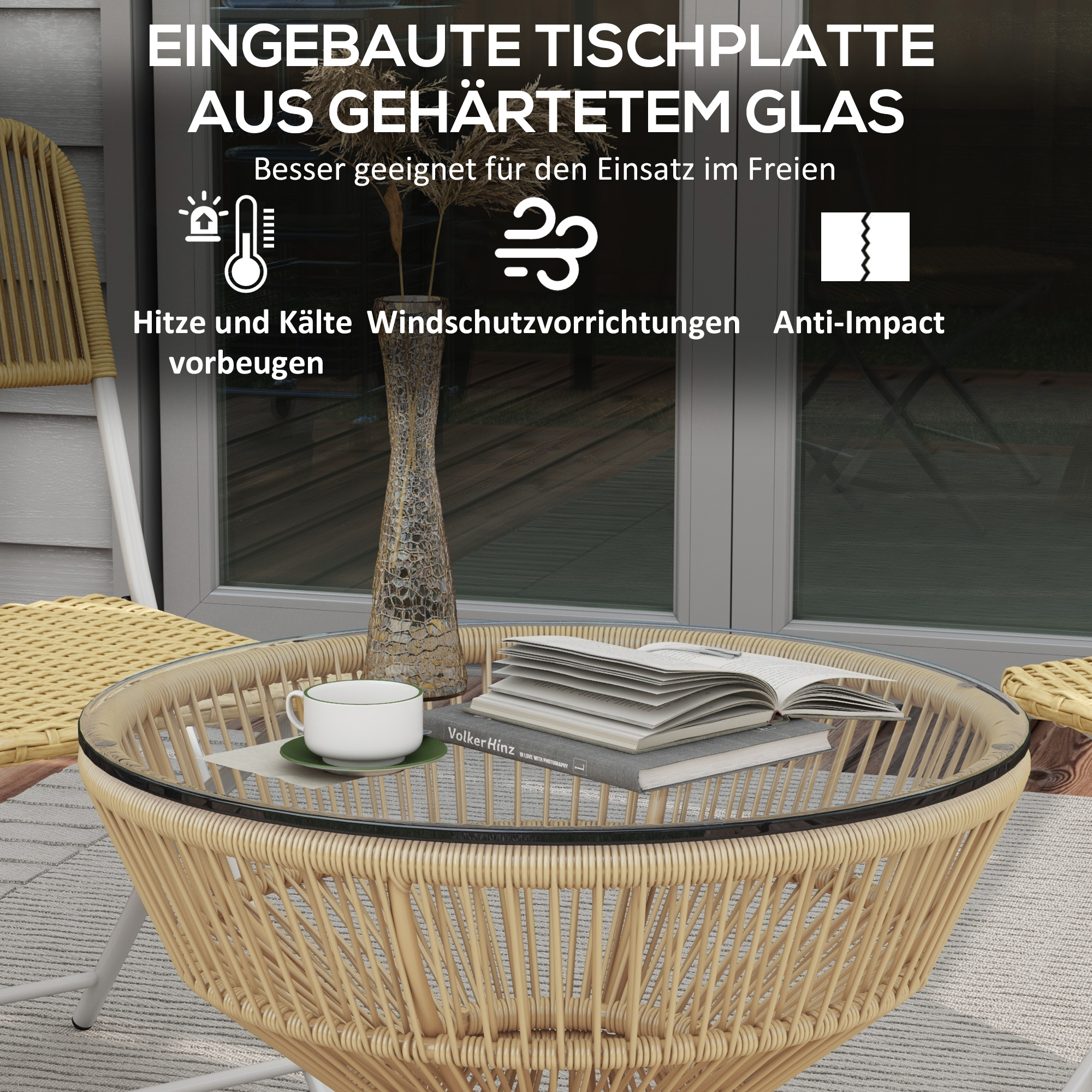 Outdoor-Beistelltisch Gartentisch Rattan-Beistelltisch, Glasplatte, PE-Rattan, 60 cm x 60 cm x 50 cm, Natur
