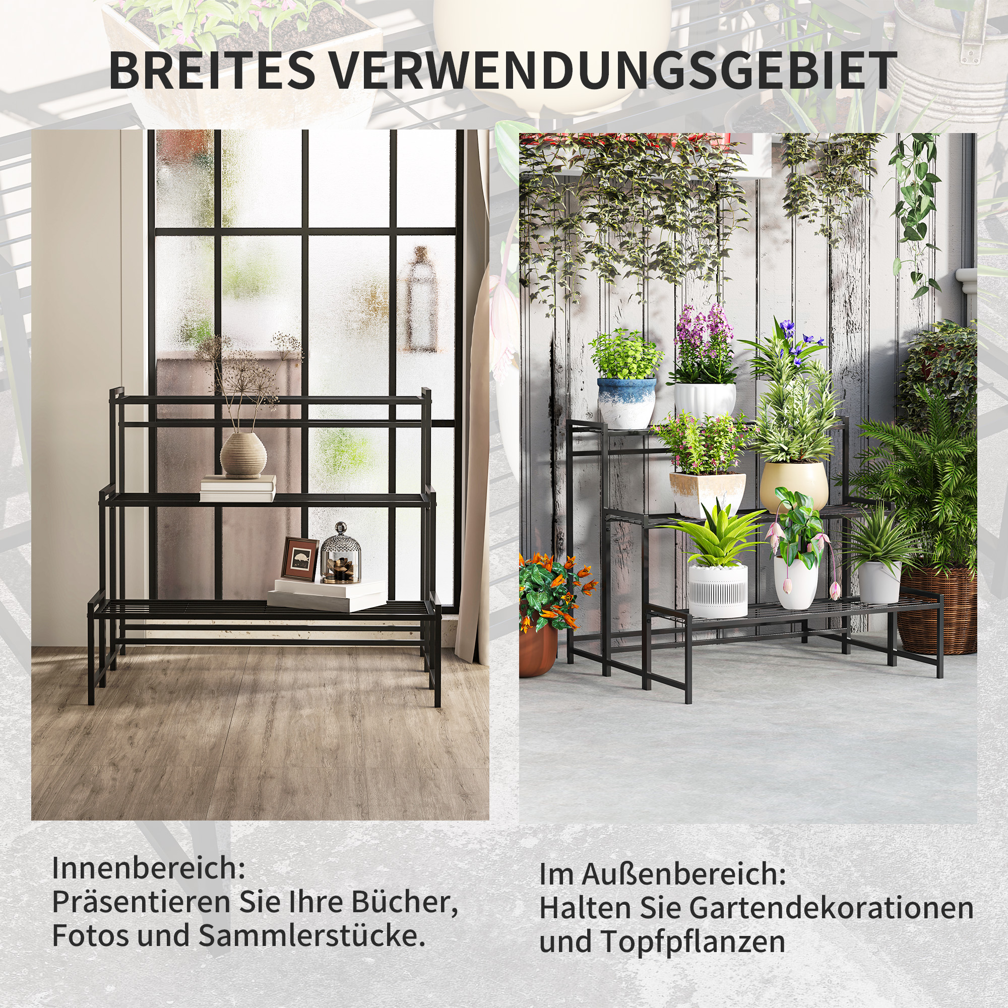 Blumentopfständer, 3-stufiger Pflanzenständer in Treppenform, Blumentopfgestell für drinnen und draußen, Metall, Schwarz