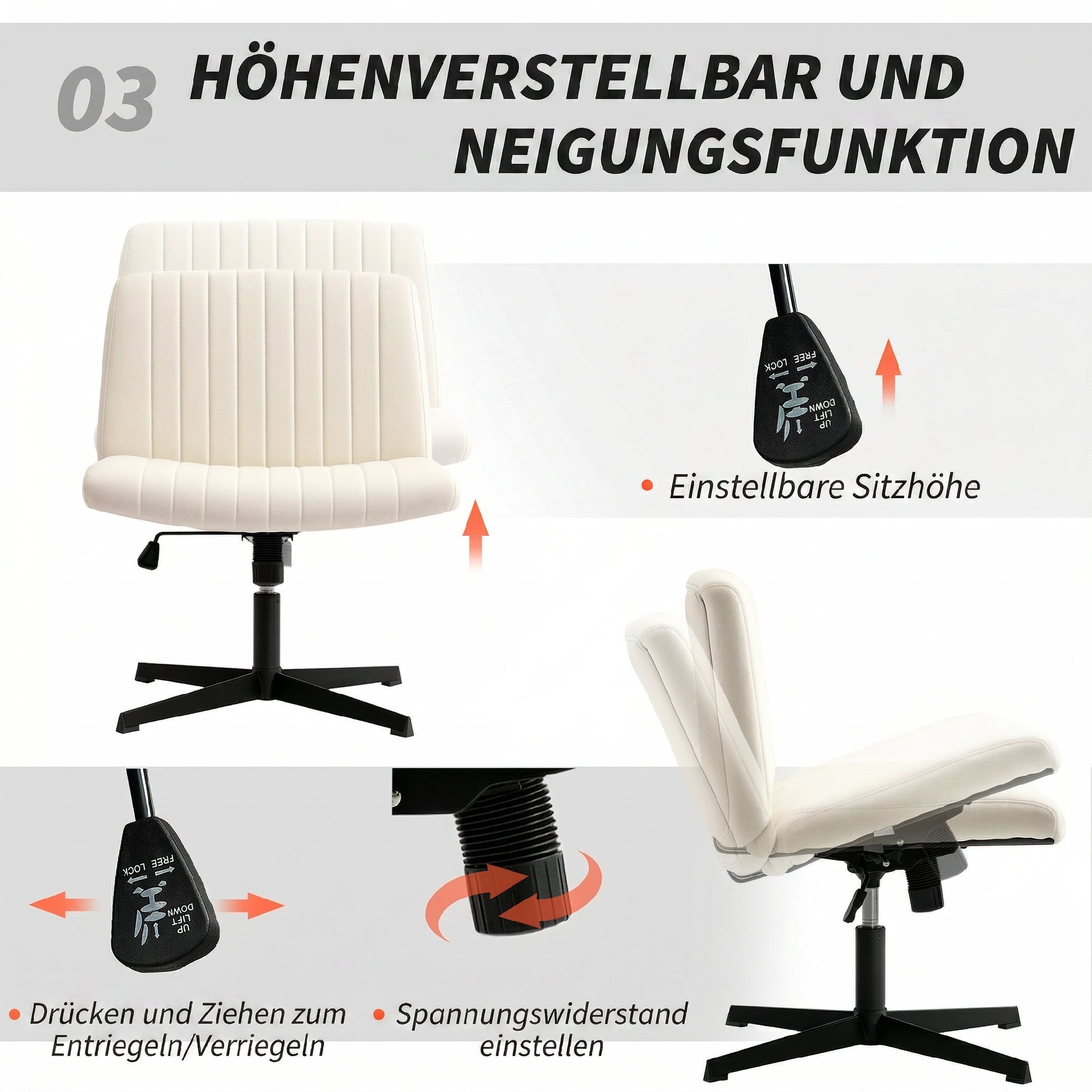 Homeoffice Stuhl höhenverstellbar Drehstuhl mit Leinenoptik Schneidersitz-Stuhl bis 120 kg belastbar, Cremeweiß