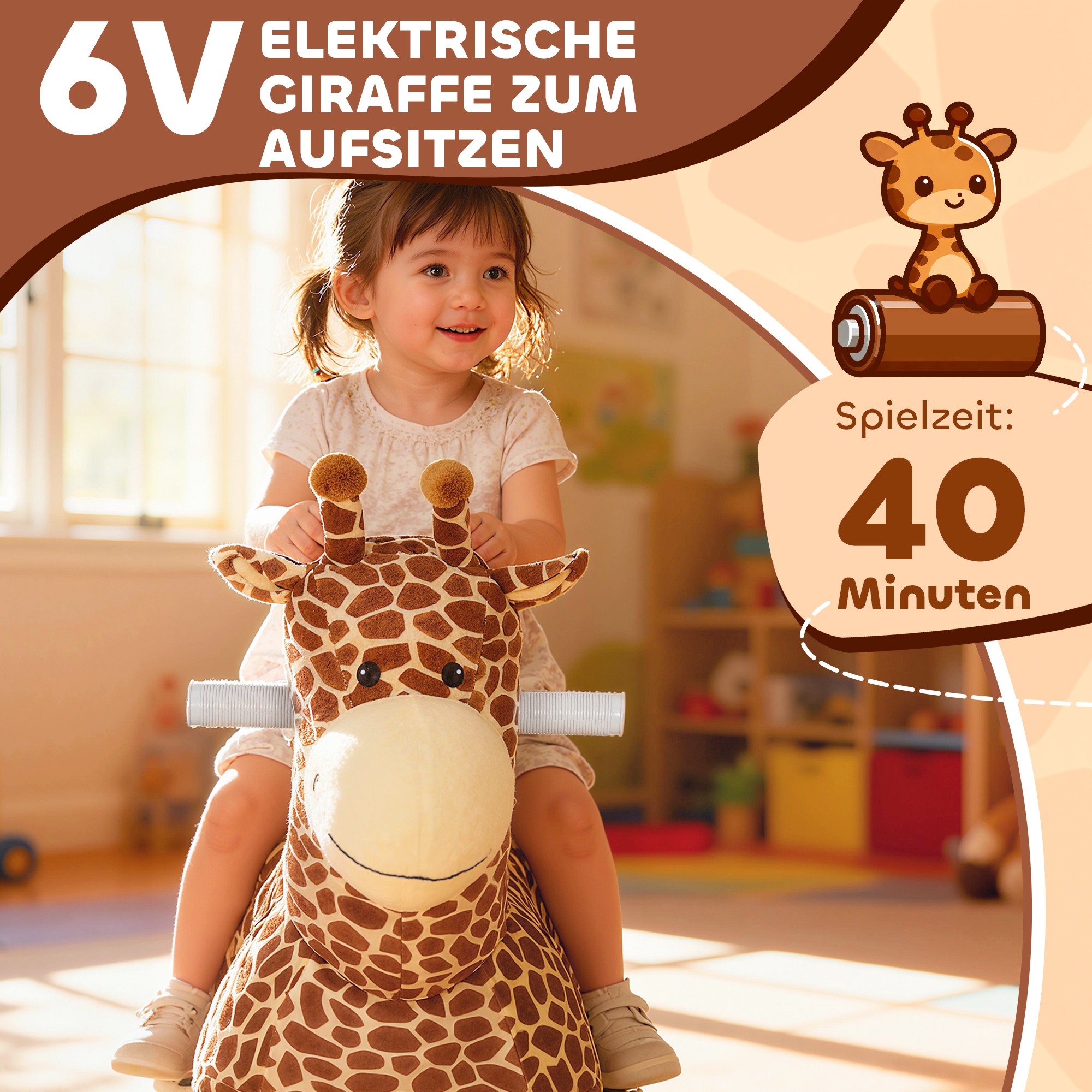 Giraffe zum Reiten, fahrendes Reitpferd in Giraffenform, Batteriebetrieb, waschbarer Bezug, Pedale, leise Räder, Musik, 1,5-5 Jahre, Braun