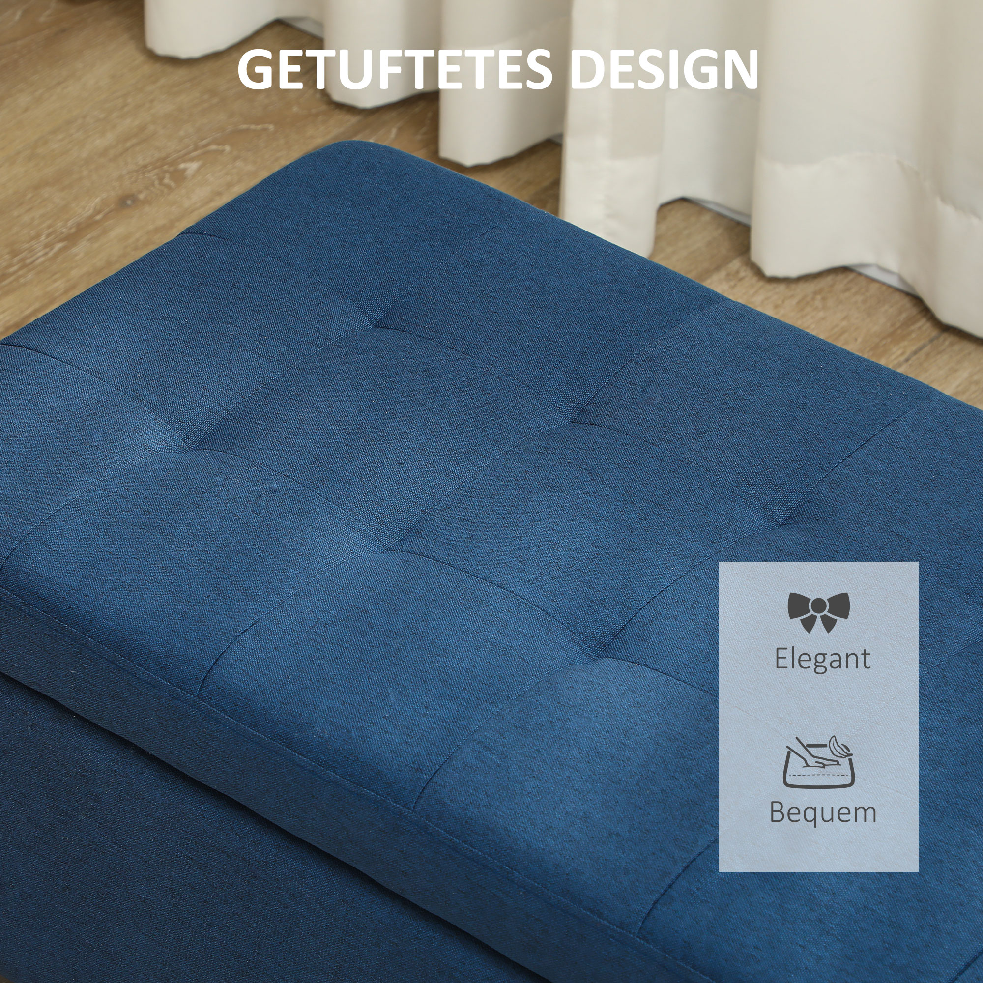 Sitzbank mit Stauraum, Ottomane, Flurbank, Knopfheftung,125,1 cm x 48,9 cm x 41,3 cm, Blau