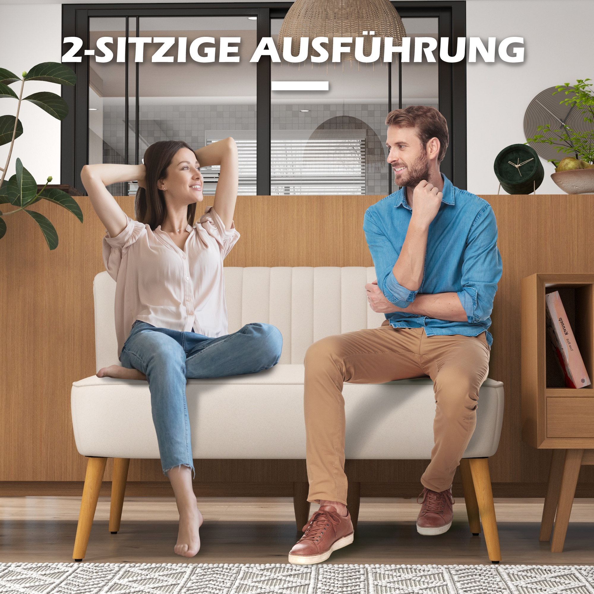 Sofa Retrodesign 2-Sitzer-Sofa, Holzbeine, 117 cm x 56,5 cm x 77 cm, Cremeweiß