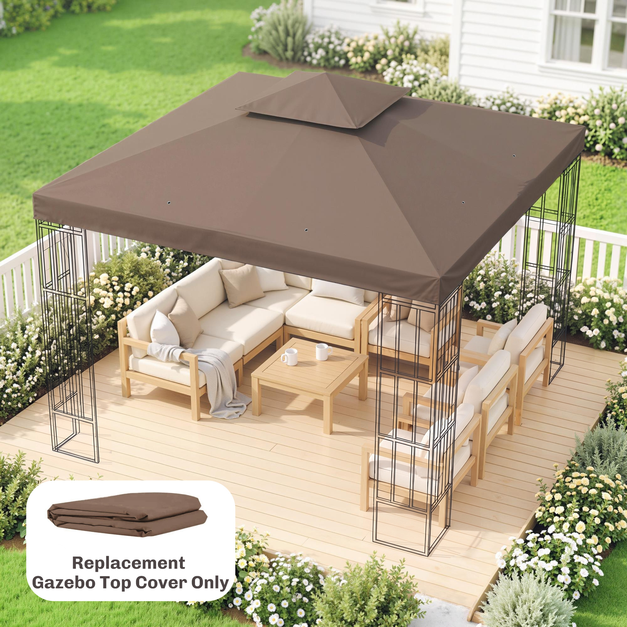 Ersatzdach für Pavillons, mit Winddach, Wasserabführung, robust und langlebig, Farbe: Kaffee, 3 x 3 m