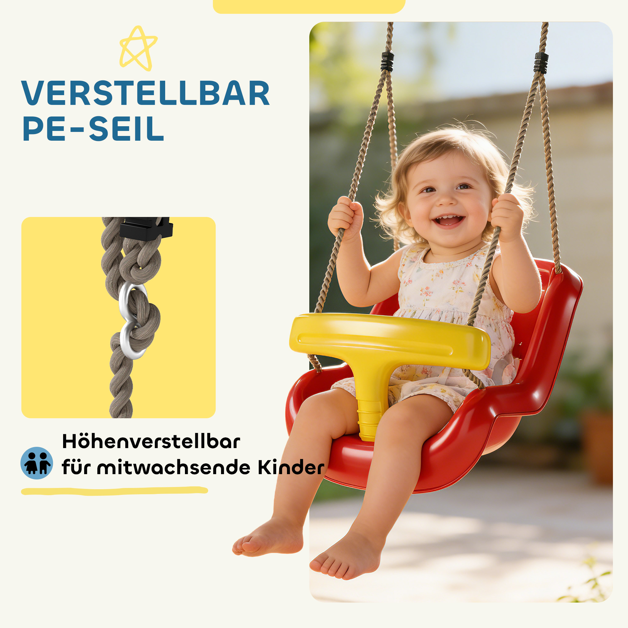 Babyschaukel verstellbar Mitwachsend Babysitz mit Rückenlehne, Sicherheitsgeländer, für Kinder von 9-36 Monaten, Rot