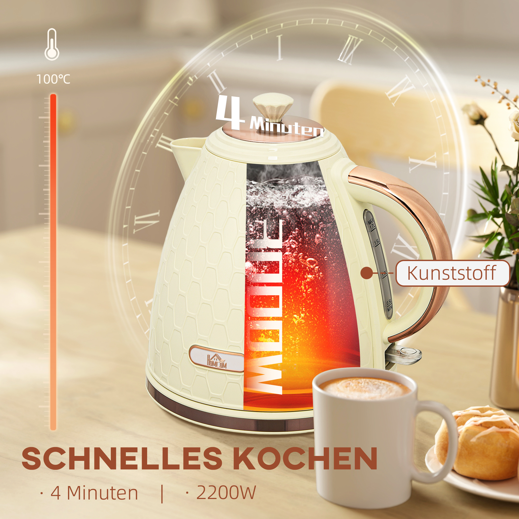 Wasserkocher, 2200W, Sichtfenster, Filter, Schnellkocher, Beige