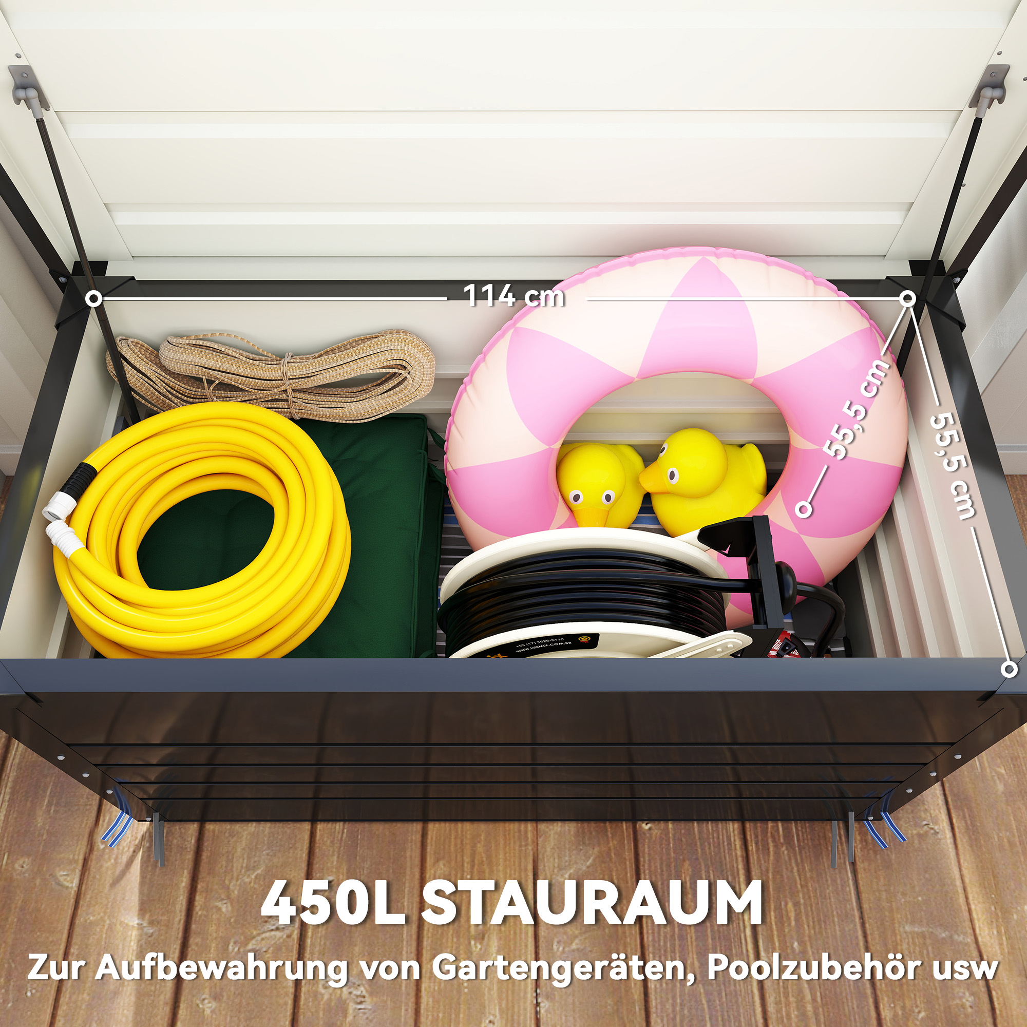 Gartenbox Metall 450L Kissenbox mit doppelwandig Deckel 120 x 61 x 62?cm Wasserdicht Abschließbar Grau