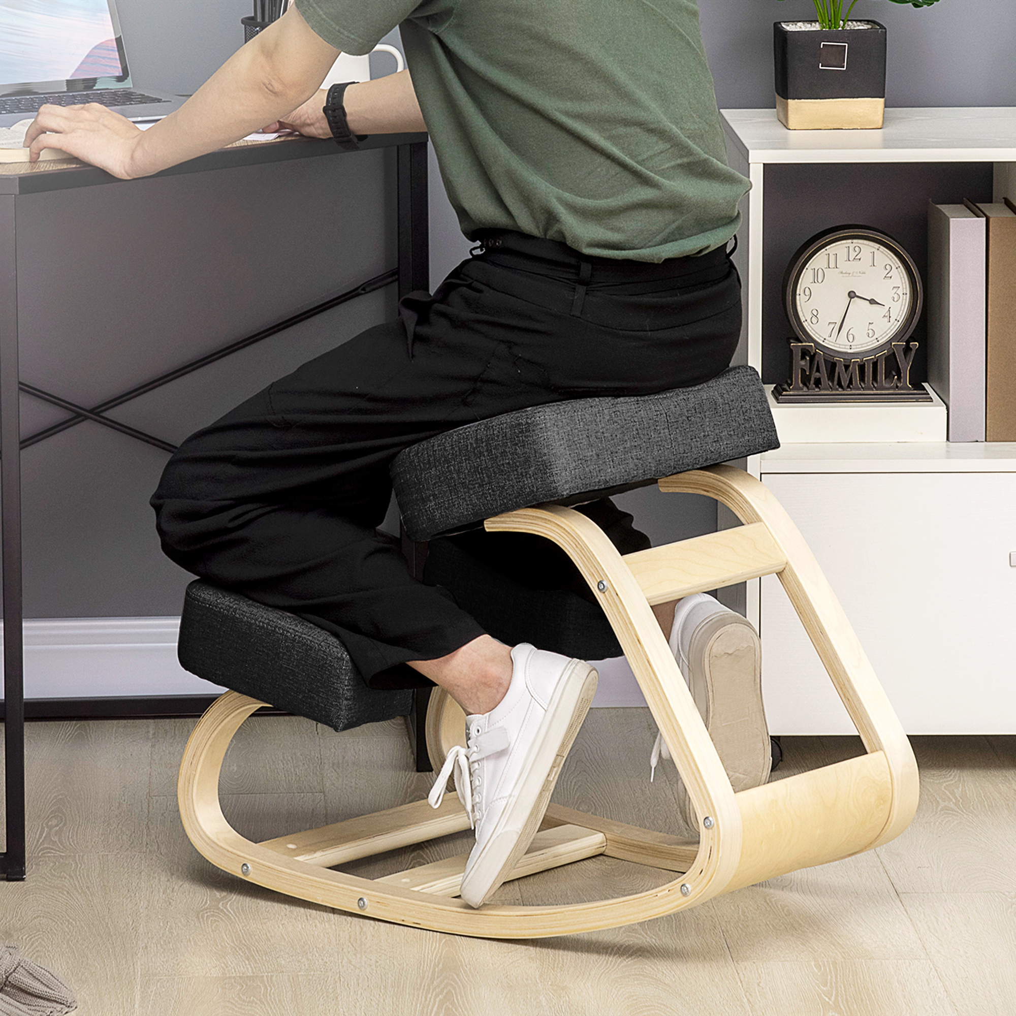 Kniestuhl, ergonomischer Sitzhocker, Polsterhocker für gesunde Sitzhaltung, Birkenholz, 120 kg belastbar, Schwarz