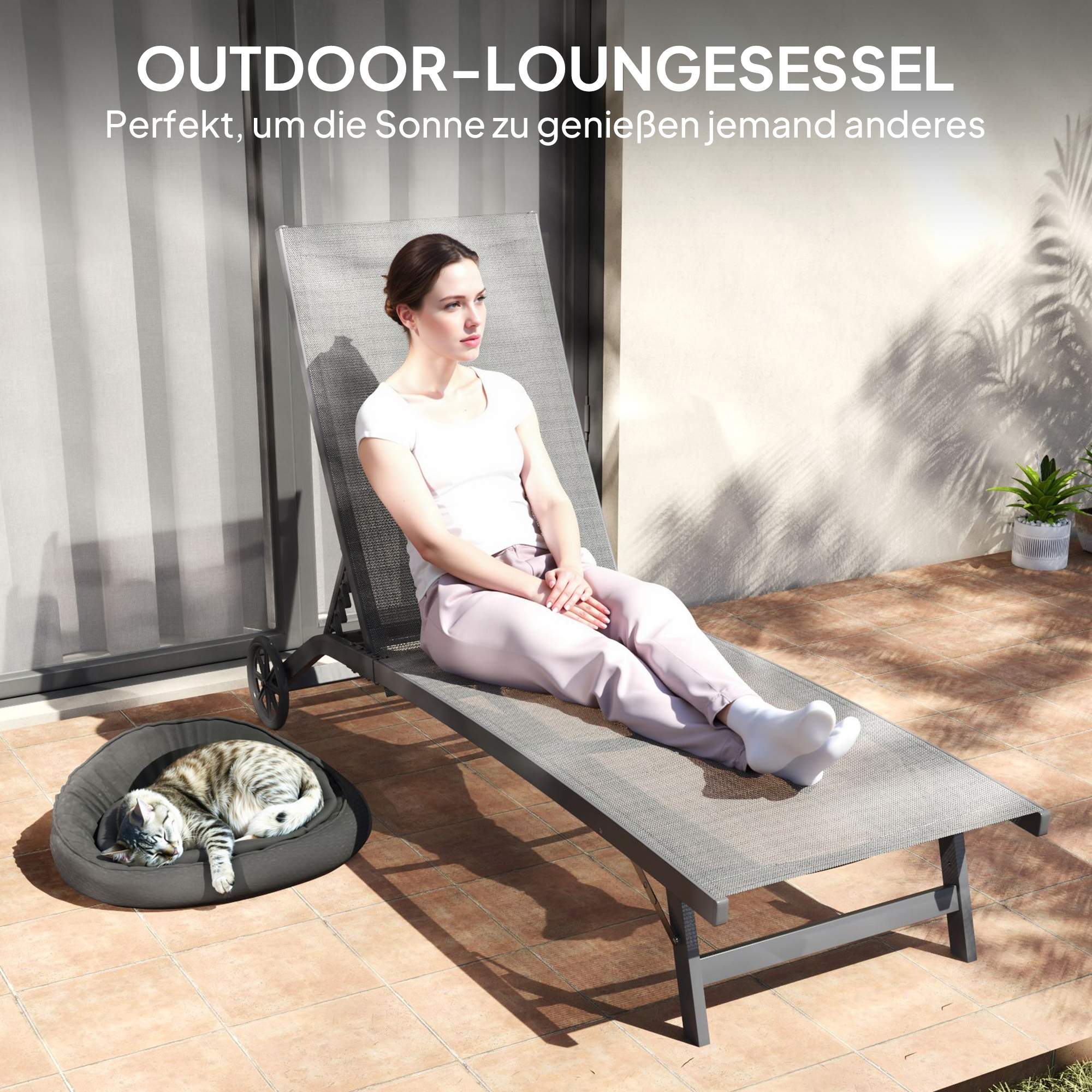 Sonnenliege, 5-stufig verstellbare Rücklehne, atmungsaktiver Stoff, Aluminiumrahmen, Dunkelgrau, 195 x 66 x 34 cm