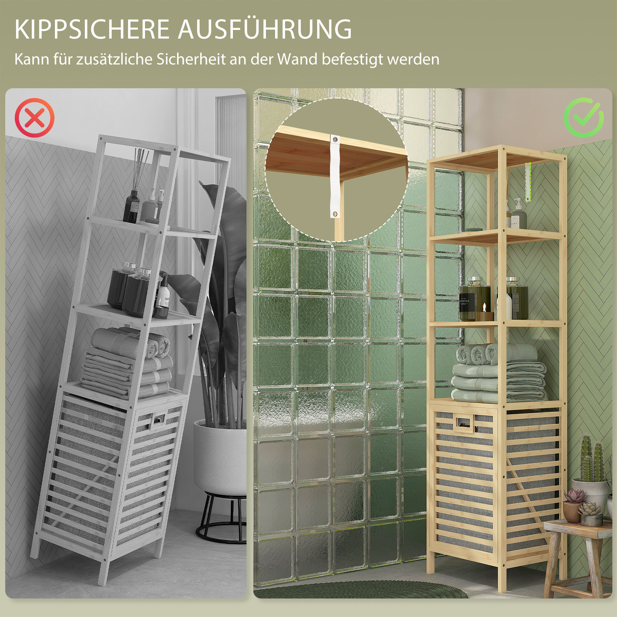 Badezimmerregal, mit Wäschesammler, 3 Regalböden, Bambusrahmen, 44x33x160cm, Natur