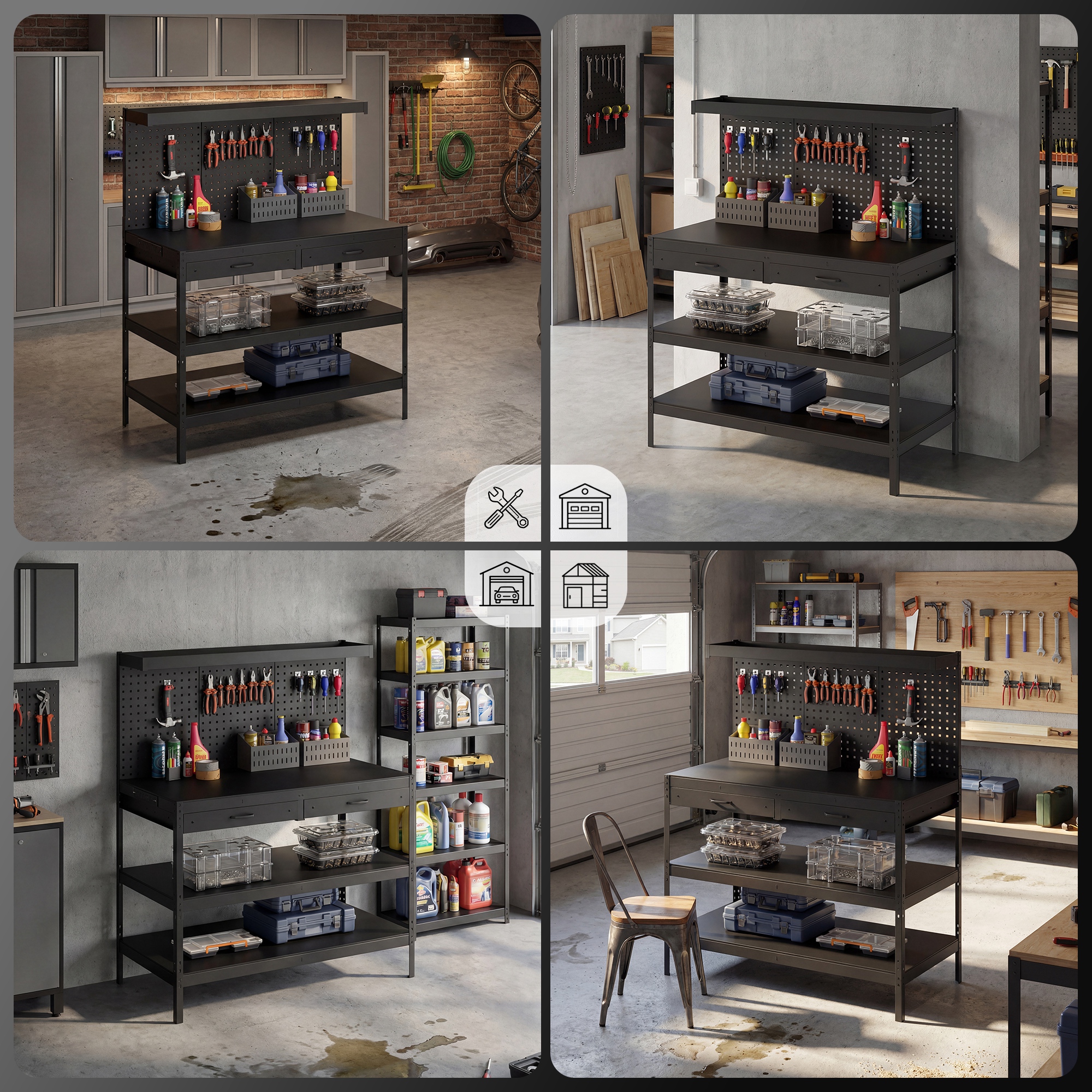 Werkbank mit verstellbaren Regalen, robuste Arbeitsstation mit Lochwand und 2 Schubladen, 122 x 61 x 156 cm, Schwarz