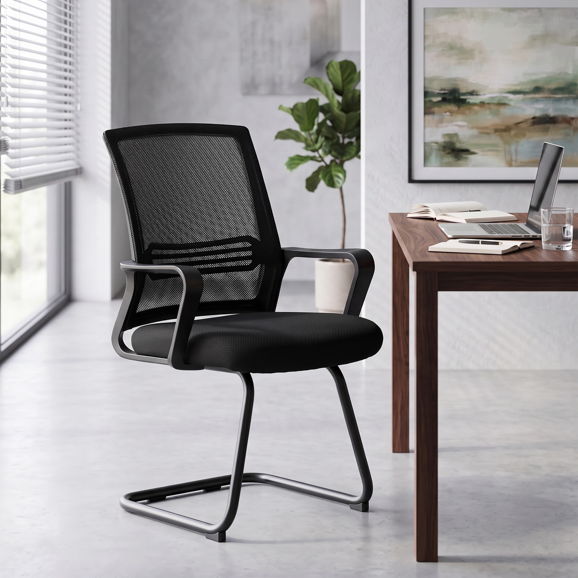 2er-Set ergonomische Schreibtischstühle ohne Rollen, gepolsterte Konferenzstühle mit Kufengestell für Wartezimmer und Empfang, Schwarz