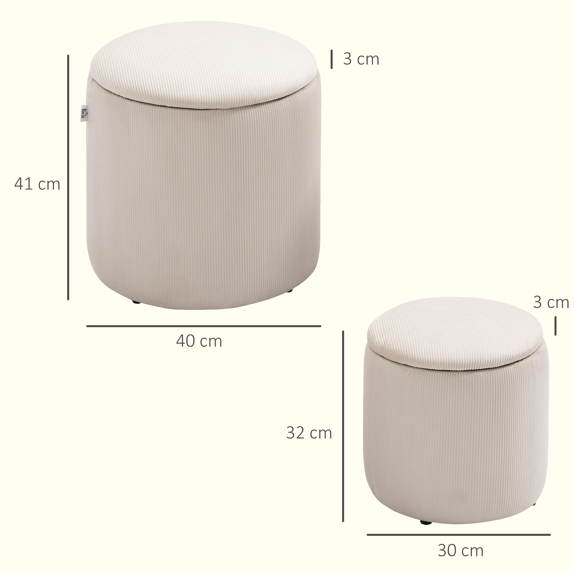 Hocker Ottomane, Zweier-Set, mit Stauraum, weiche Polsterung, Bezug in Cordoptik, Cremeweiß, 40 x 40 x 41cm