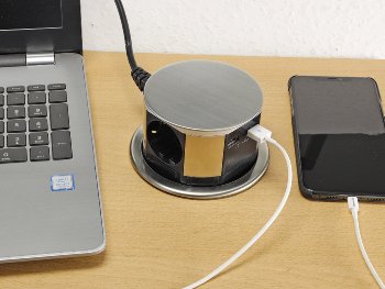 Schreibtisch-Einbausteckdose 3x +USB A+C, versenkbar, Edelstahl-Ausführung, rund