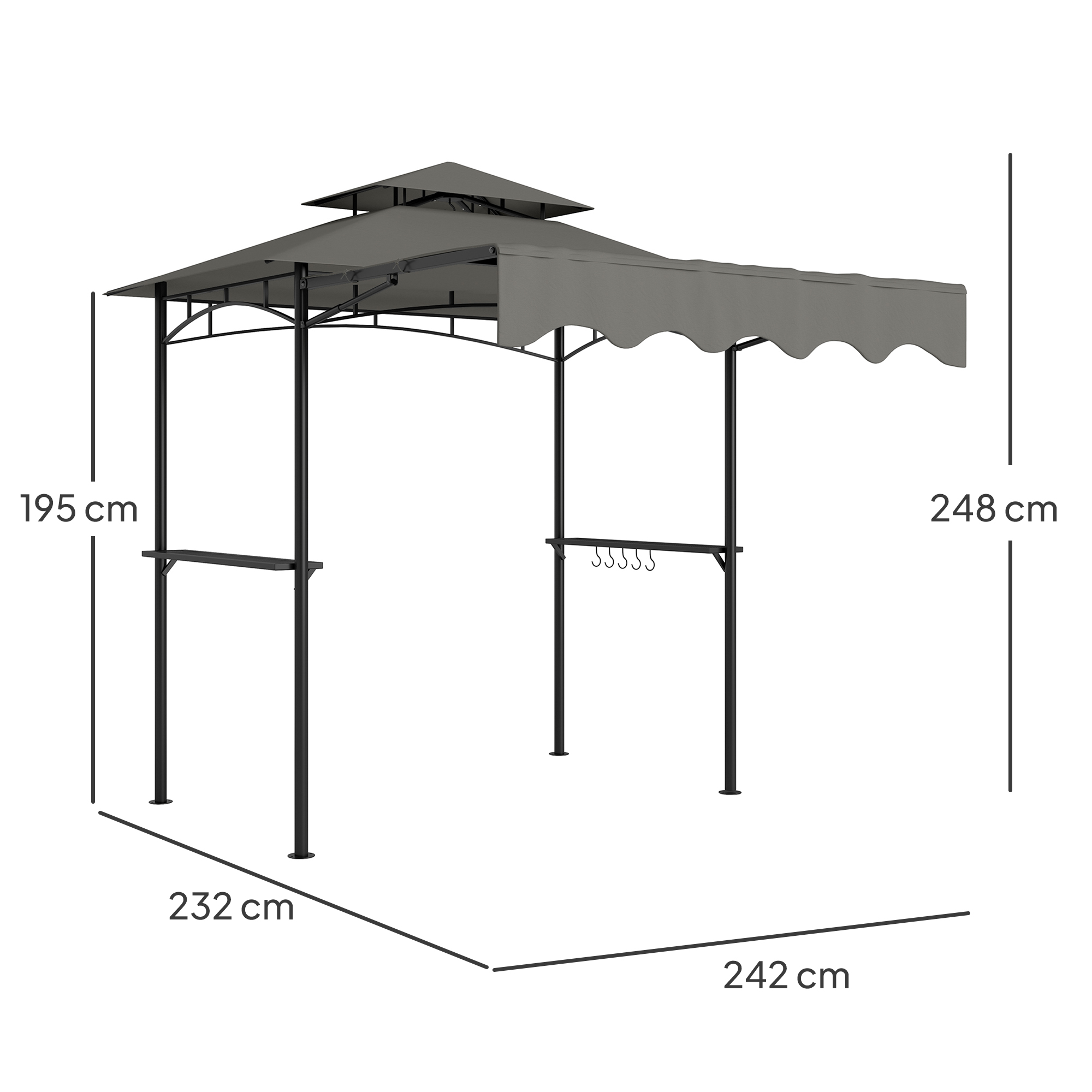Grillpavillon 242x149x248 cm wasserabweisend flammhemmend Gartenpavillon mit Doppelschichtdach Grau