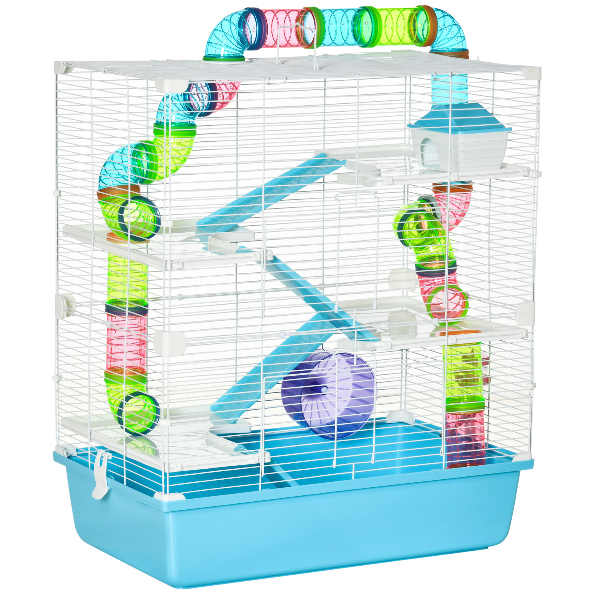 Hamsterkäfig 5 Etagen Nagerkäfig Kleintierkäfig aus Stahldraht mit Laufrad, Rampe, Trinkflasche, Futternapf, Mäusekäfig für Hamster, Rennmaus 59 x 36 x 69 cm, Hellblau+Weiß