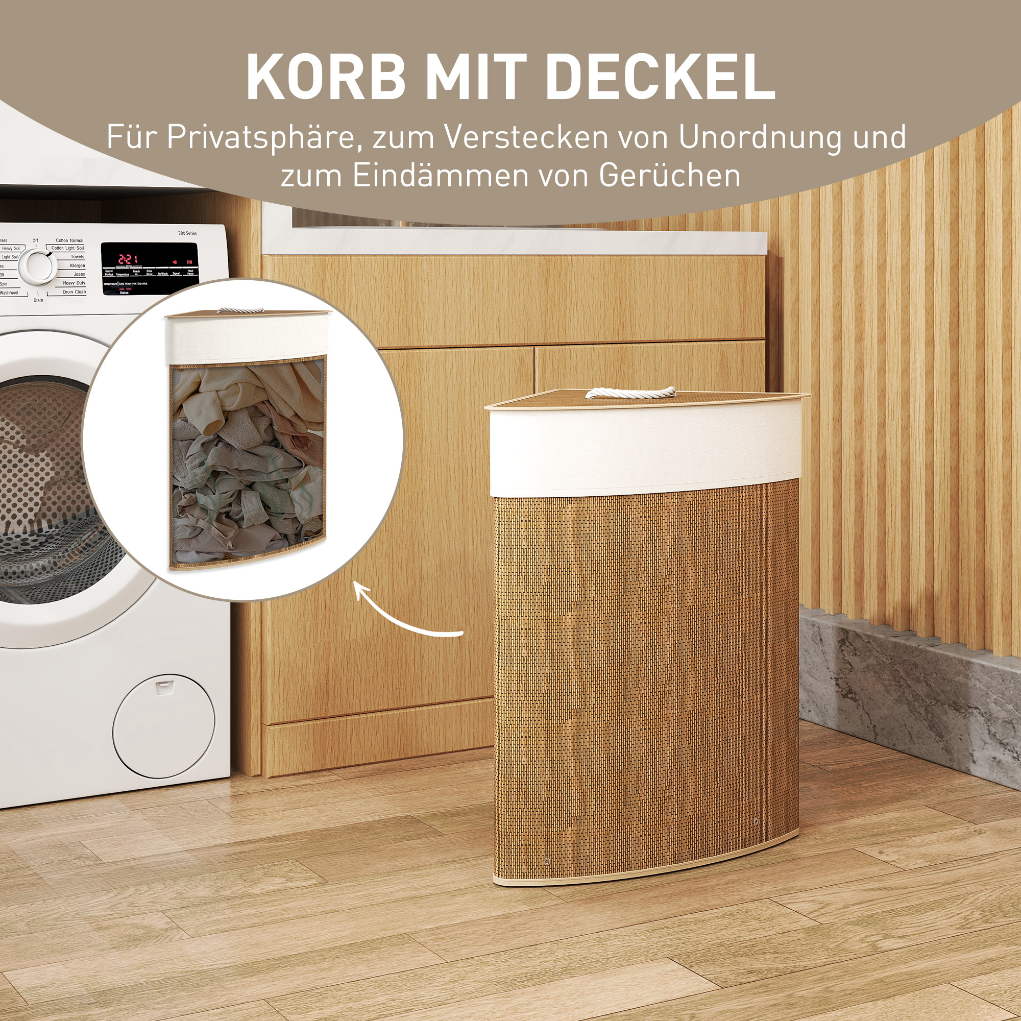 Wäschekorb im Eckdesign, Bambusgeflecht, 55 Liter, Stoffbeutel, Metallrahmen, Braun