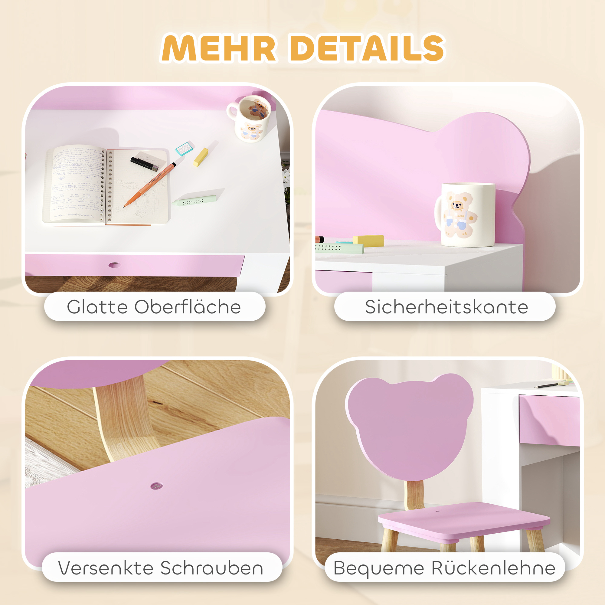 Schreibtisch-Set für Kinder, Arbeitstisch und Stuhl mit Bärenform, Schublade, zum Schreiben und Basteln, 3-8 Jahre, Rosa
