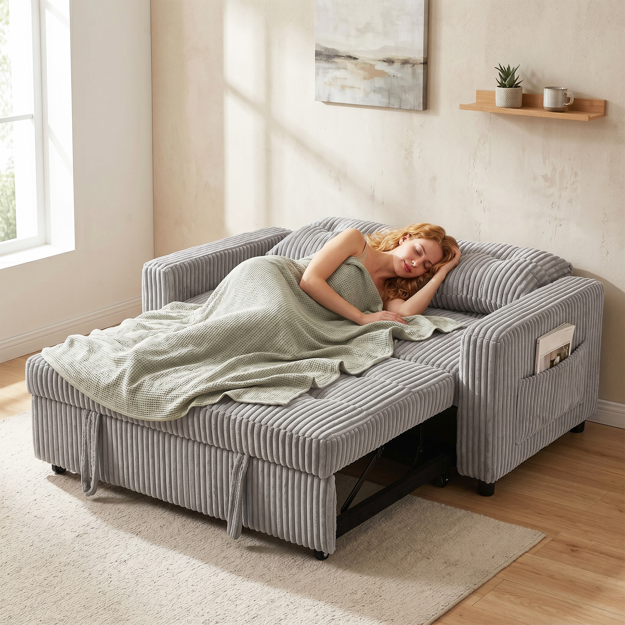 2-Sitzer Sofabett, Cordbezug, zum Schlafsofa umwandelbar, 2 Kissen, Seitentaschen, 157 x 190 cm, Hellgrau