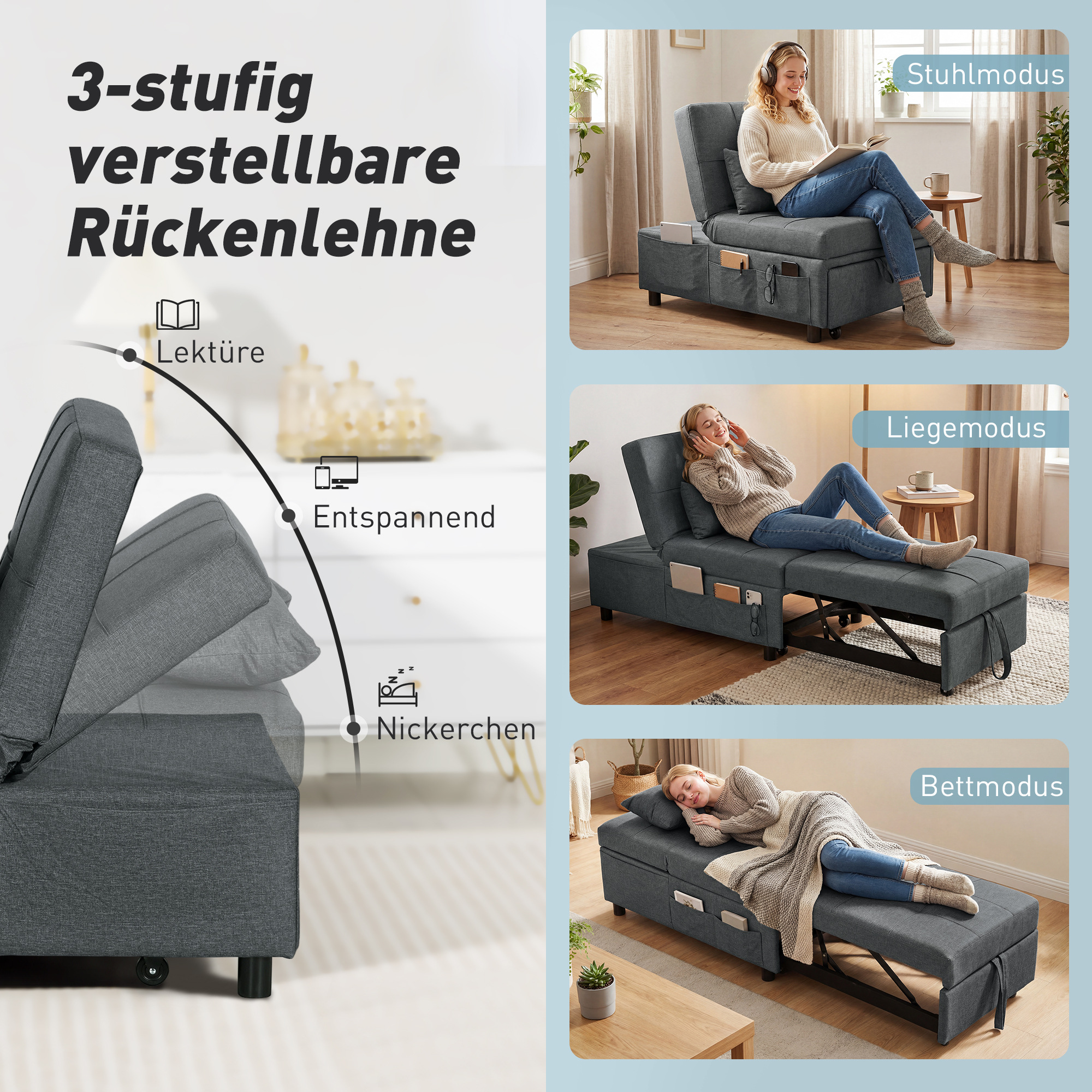 4-in-1 Multifunktionales Schlafsofa, umklappbarer Schlafsessel mit verstellbarer Rückenlehne und Kissen