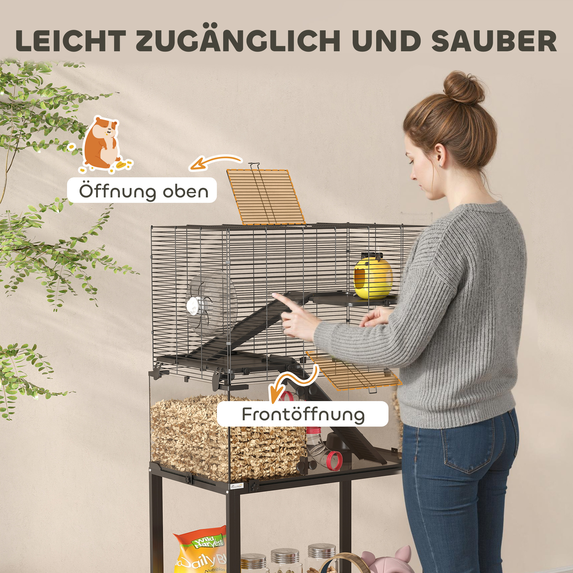 Hamsterkäfig, Kleintiergehege mit 3 Ebenen, Laufrad, Hütte, Plattformen, Rampen, Futterschale, Wasserflasche, Zubehör, Stahl, Kunststoff, Schwarz