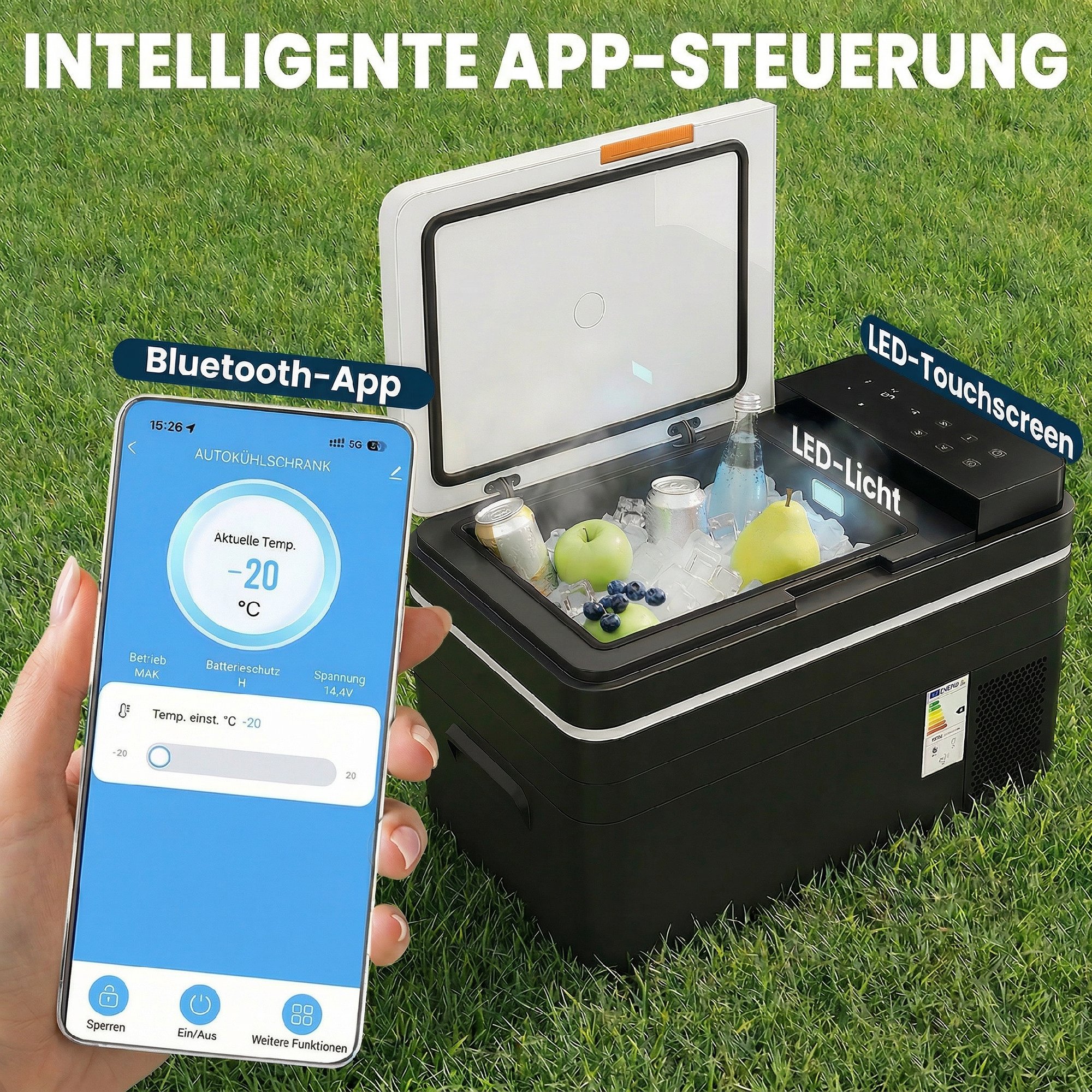 Kompressor Kühlbox 30L -20℃-20℃ Elektrische Kühlbox mit APP-Steuerung LED-Leuchten USB Anschluss Batterieschutz