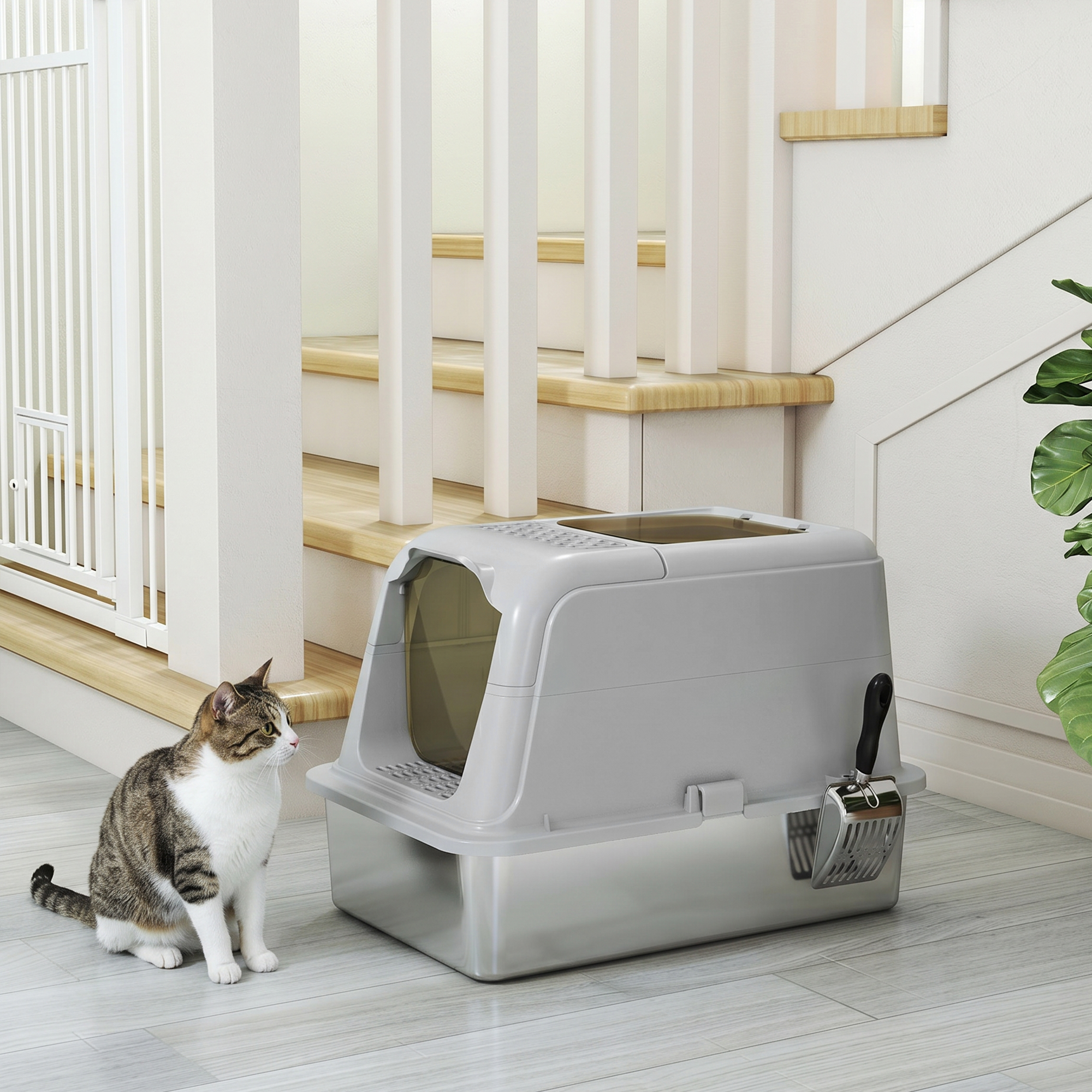 Katzenklo, Katzentoilette mit Deckel, Streuschaufel, vorne Eingang und ober Ausgang Edelstahl bis 8 kg