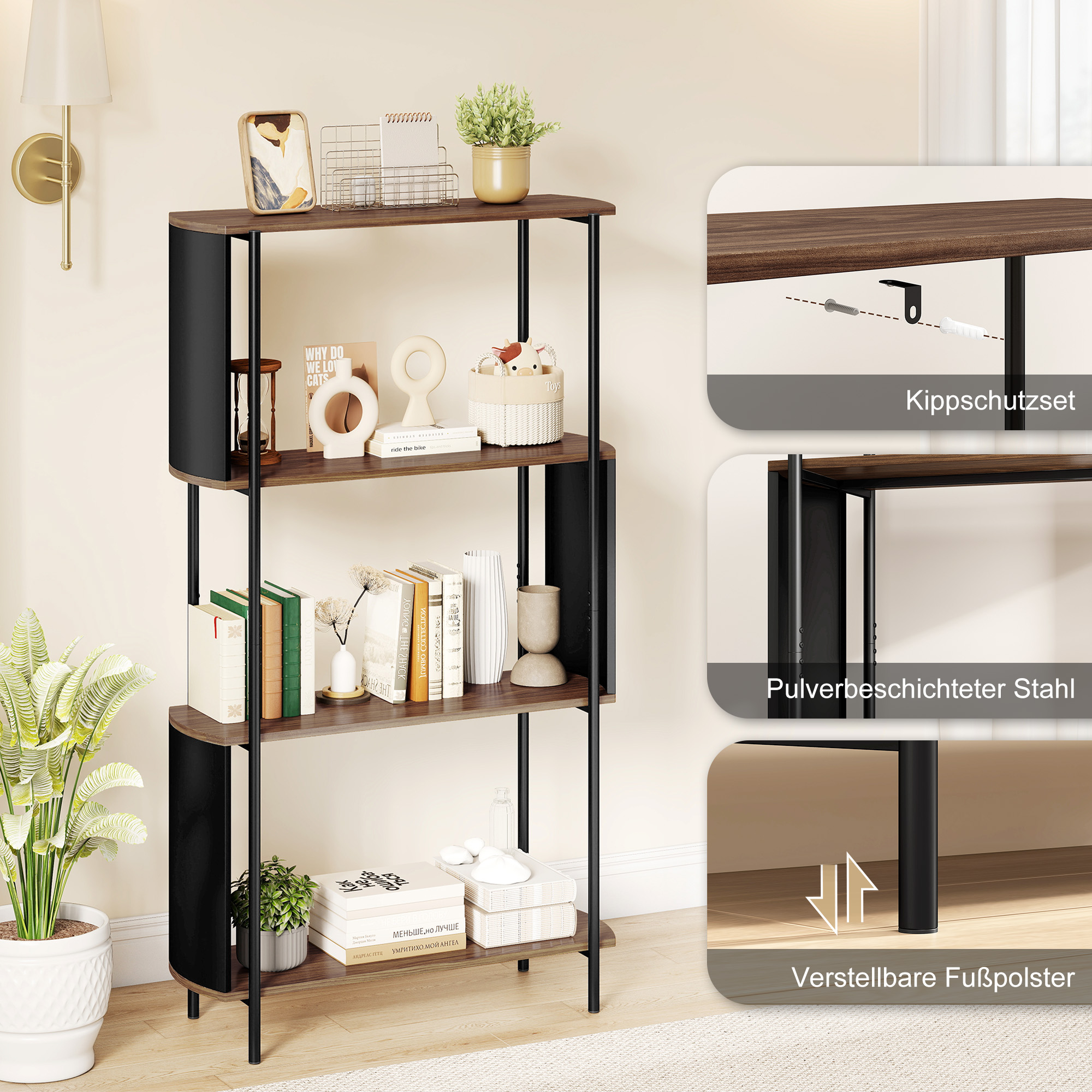 4-stufiges Regal, freistehendes Regal mit geschwungenem Design, industrielles Bücherregal, braune Holzoptik