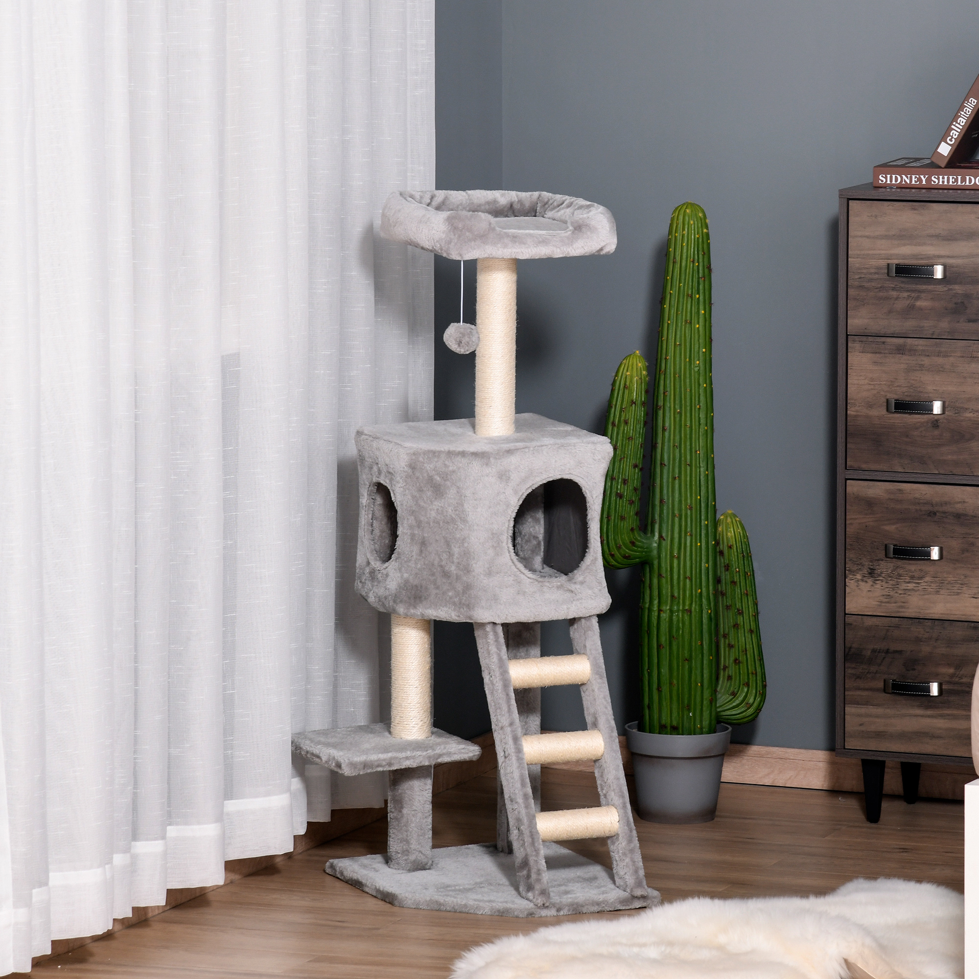 Kratzbaum 120 cm Katzenturm mit Höhle, Spielball, Sisalstämme,  Plattform, Treppe, mehrstöckiger Katzenkratzbaum, Kletterbaum für Katzen, Hellgrau