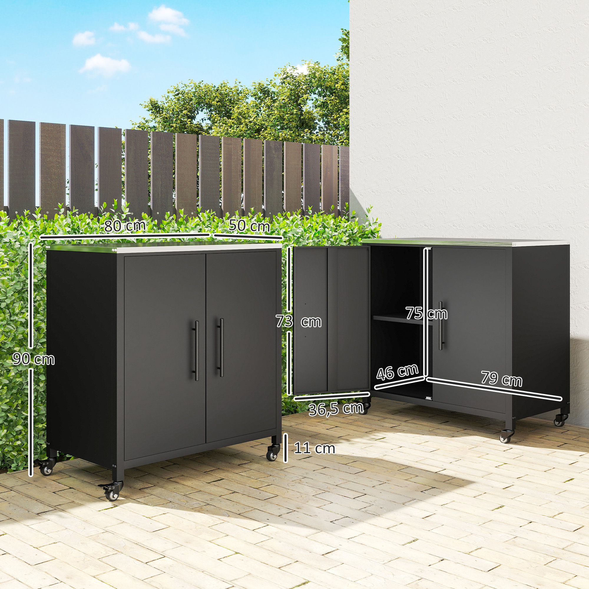 Gartenschrank mit Pflanztisch Geräteschuppen mit Edelstahl Arbeitsplatte abnehmbar Regal magnetisch Doppeltür Rolle