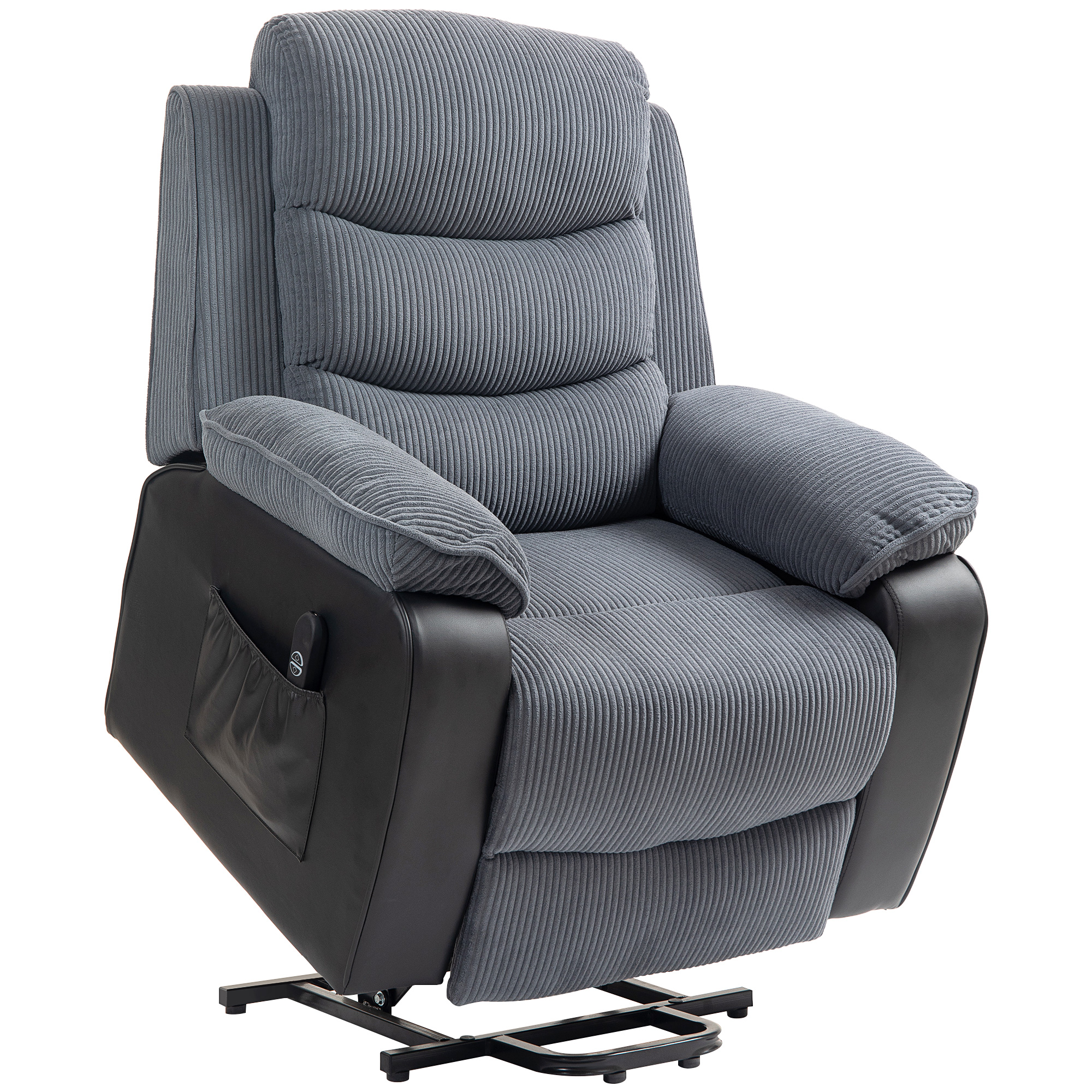 Aufstehsessel mit weichem Cordbezug, Recliner-Sessel mit Fernbedienung und Seitentaschen, Dunkelgrau