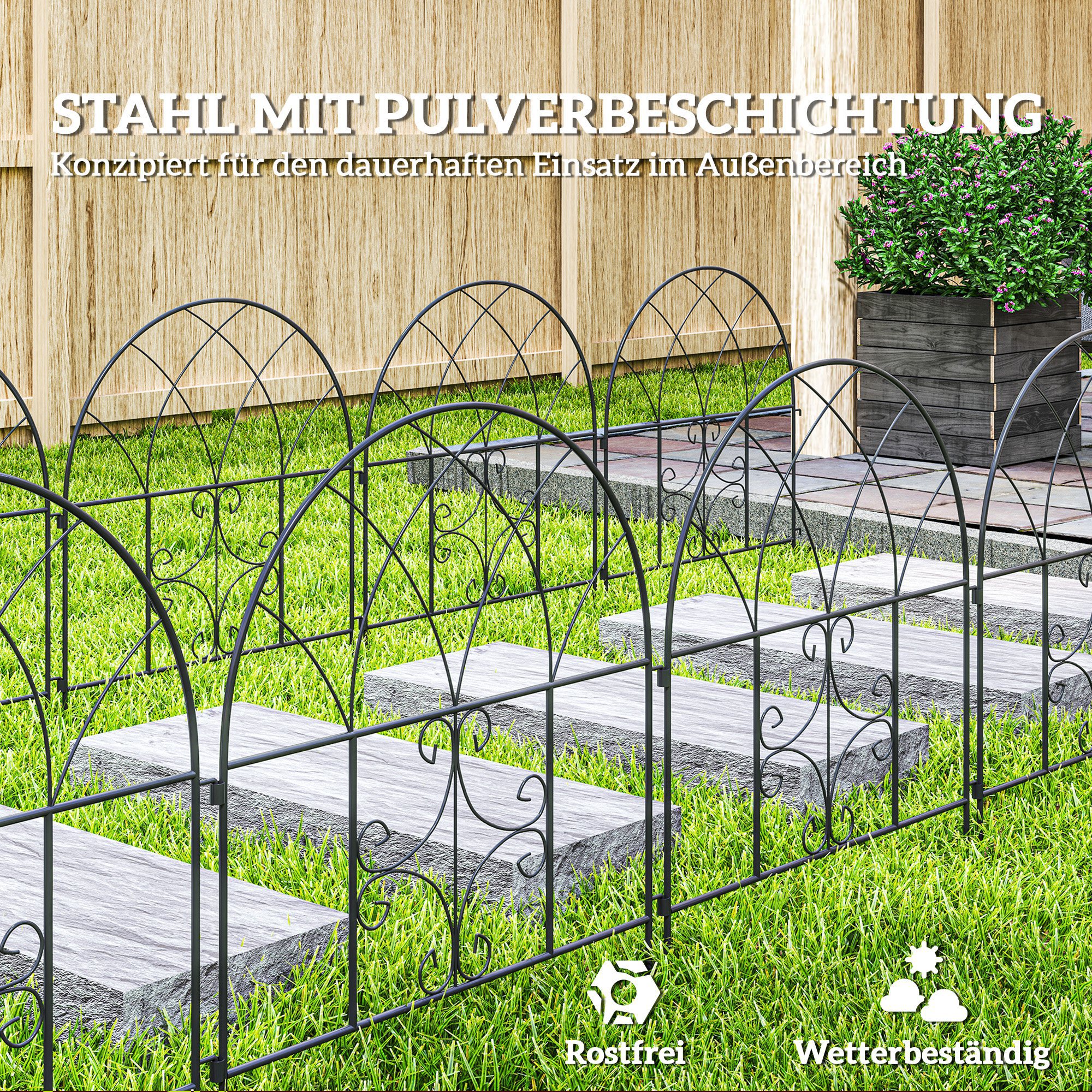 Gartenzaun Zaun Stahl 300 cm x 70 cm hoch Dekorativer Gitterzaun Set Zaunelemente Schwarz