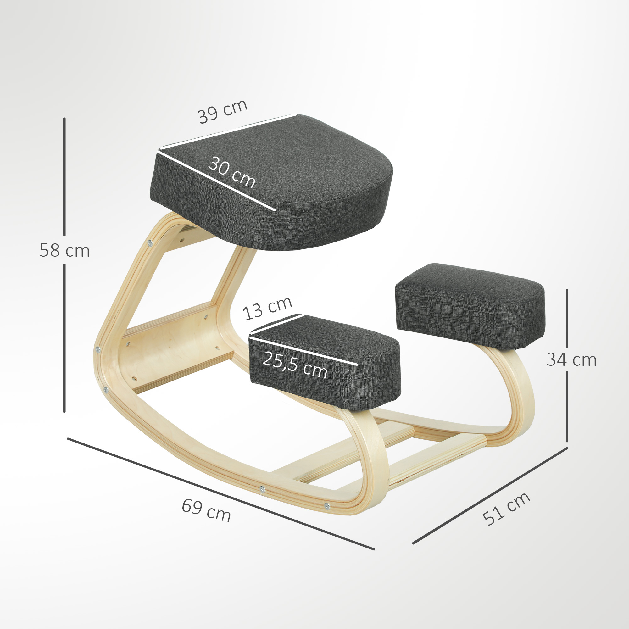 Kniestuhl, ergonomischer Sitzhocker, Polsterhocker für gesunde Sitzhaltung, Birkenholz, 120 kg belastbar, Dunkelgrau