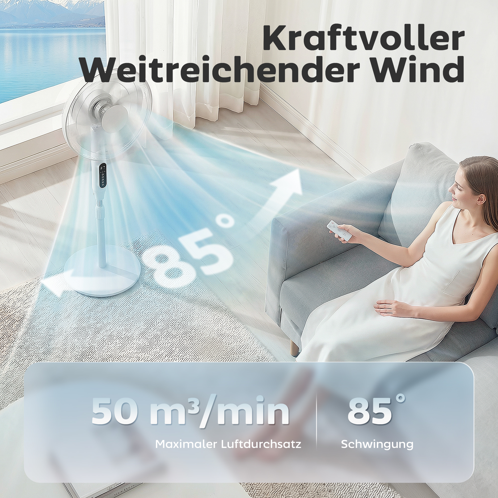 Standventilator mit 15-Stunden-Timer, 85° Oszillation, LED-Bedienfeld, Fernbedienung, weiß