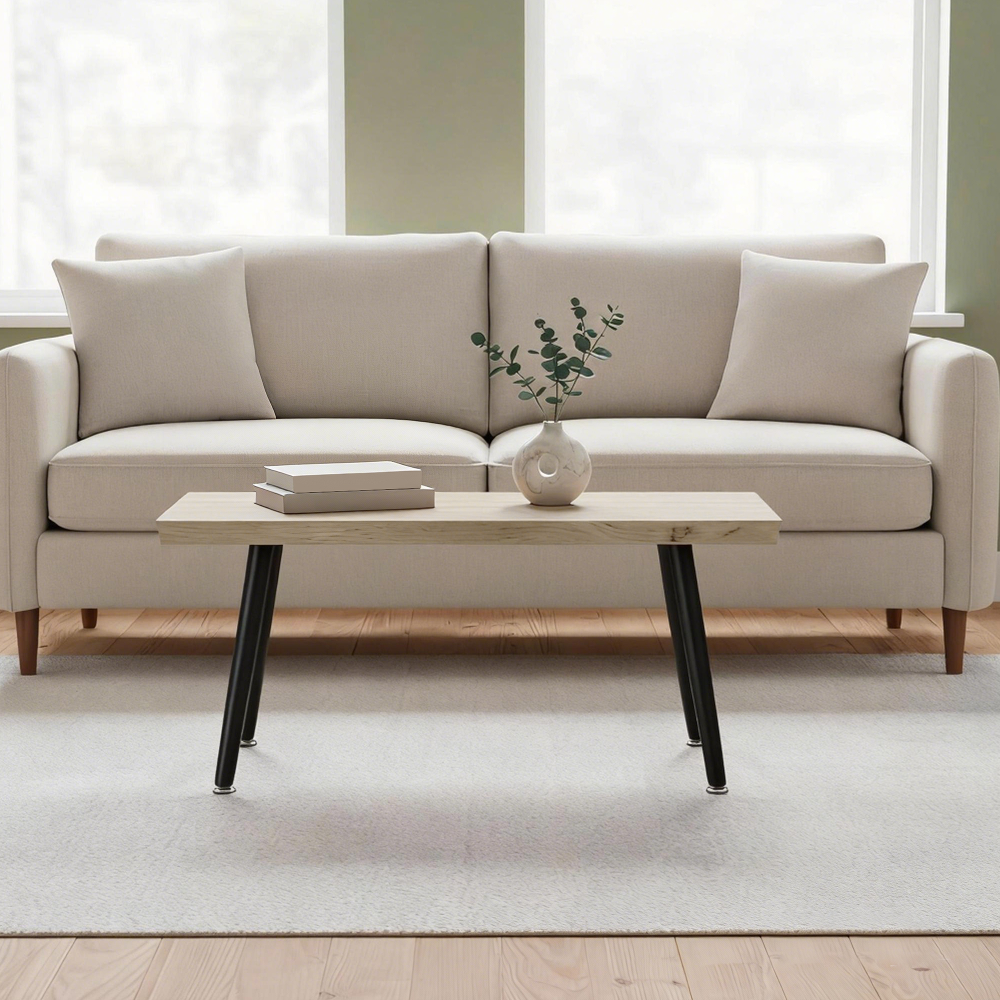 Couchtisch Beistelltisch mit Stahlbeine, 4 cm dicker Tischplatte Wohnzimmertisch 100 x 50 x 45 cm Eiche+Schwarz