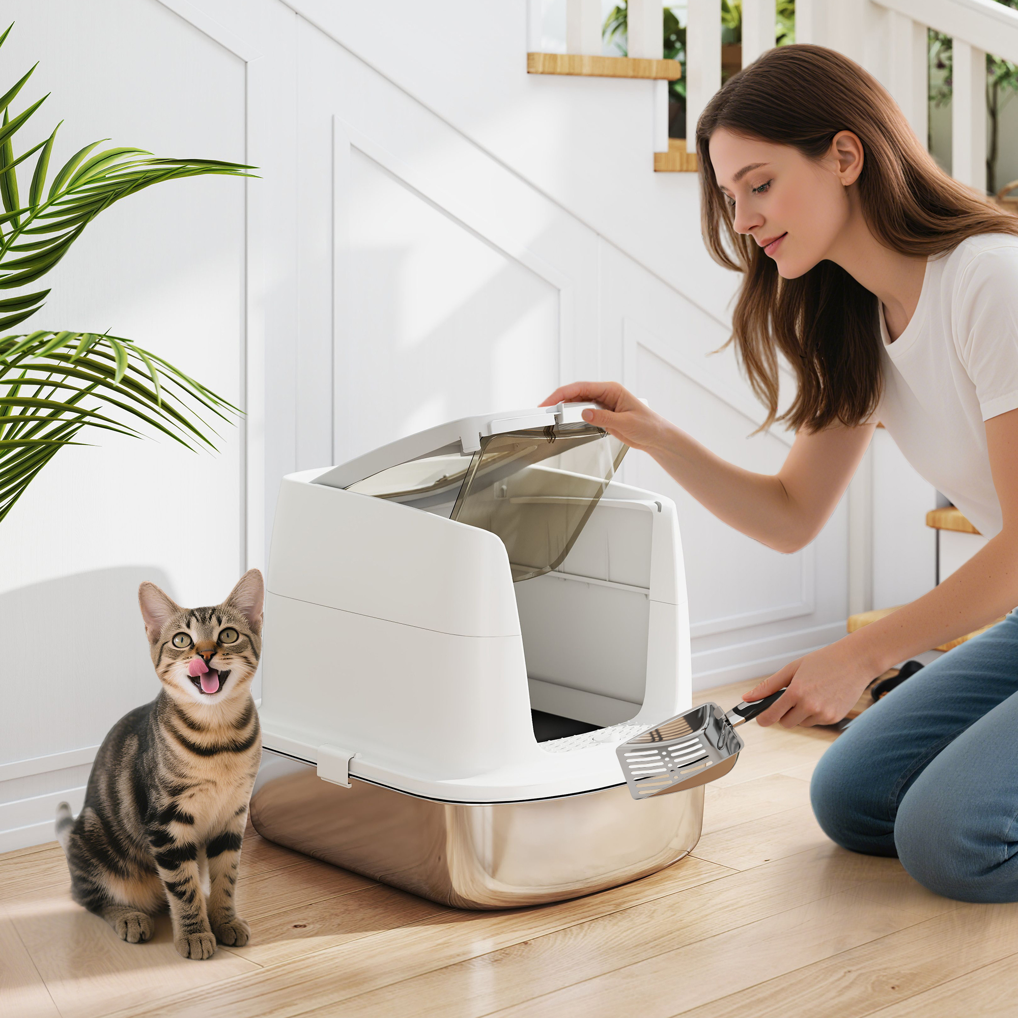 Katzentoilette Edelstahl, geschlossene Katzentoilette mit Schaufel, Geruchsbeutel, Einstieg Ausgang