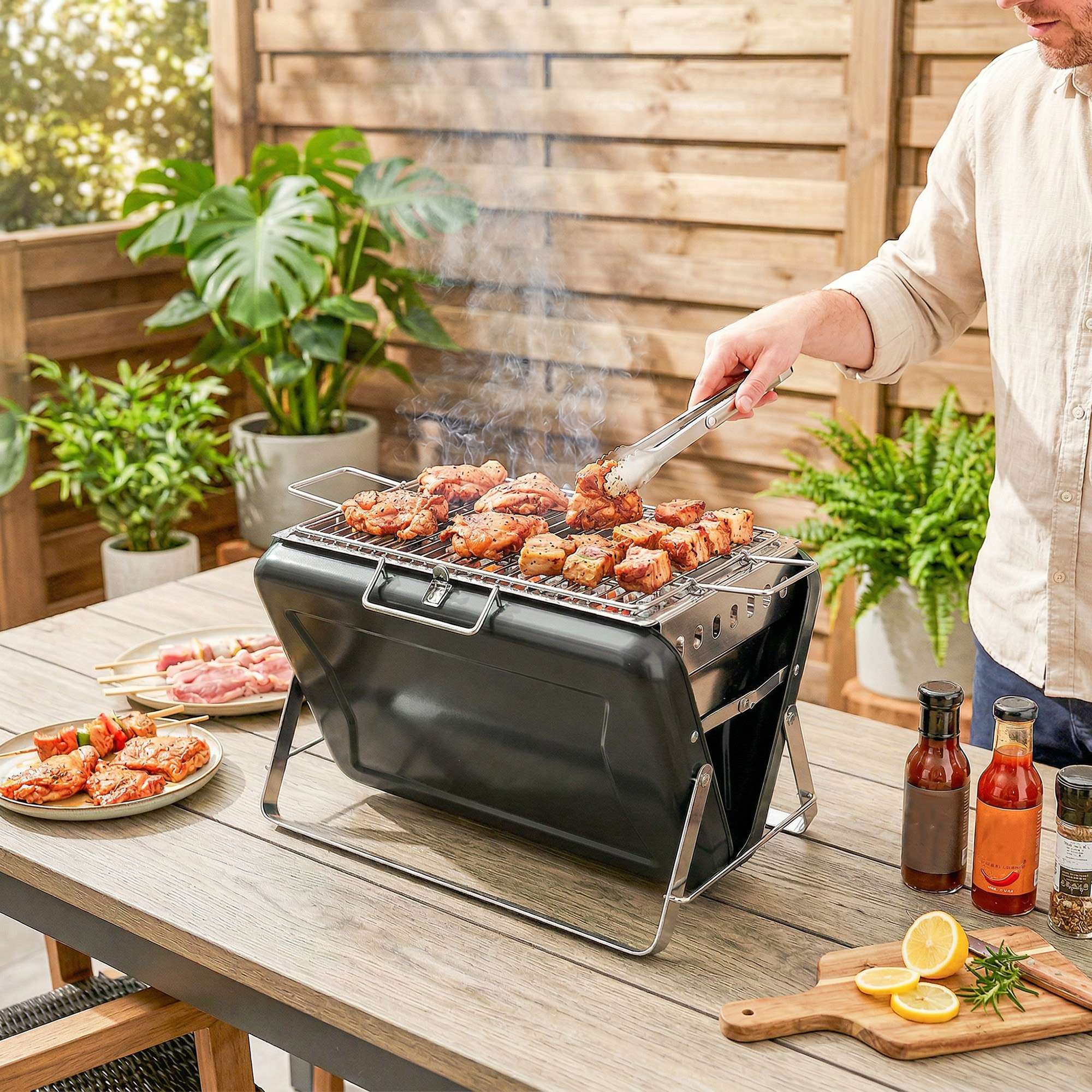 Holzkohlegrill aus Edelstahl BBQ Smoker mit Grillrost Griff klappbaren Beinen für Barbeque Camping 40x28x25,5cm Schwarz
