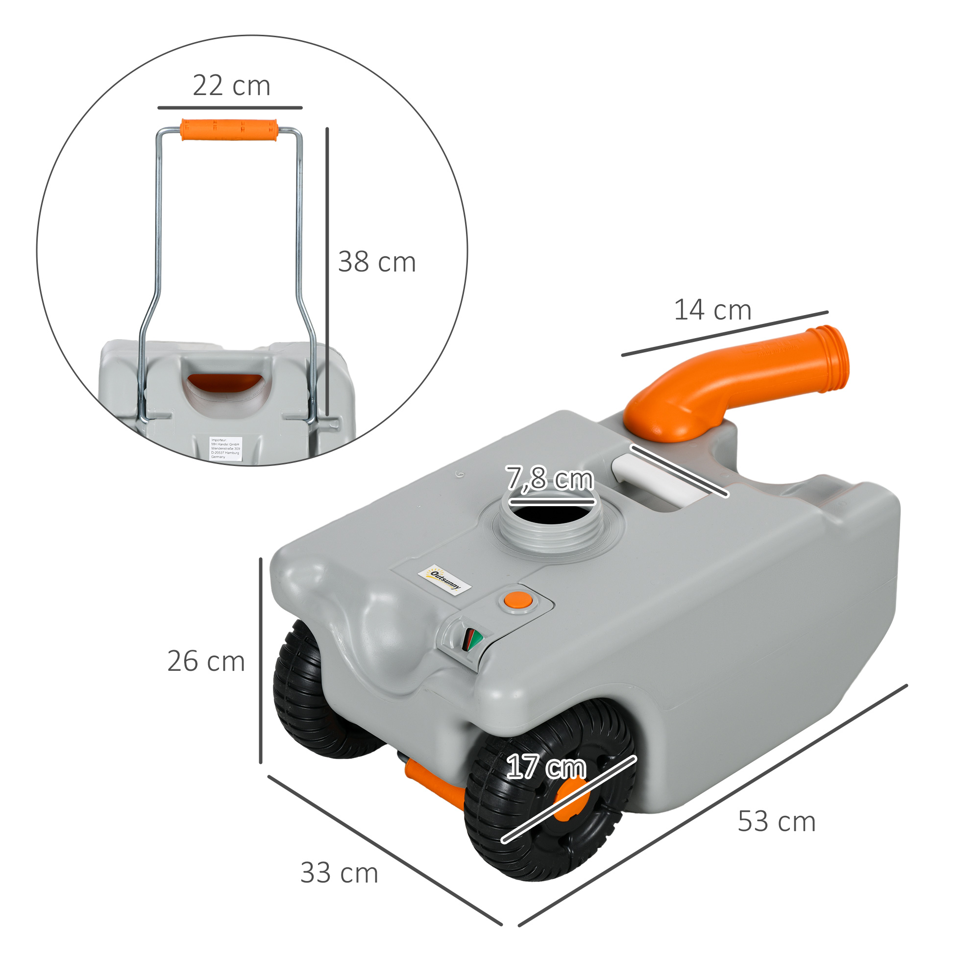 Abwassertank, 22 L, rollbar, spritzfreie Entleerung, HDPE, 33 x 26 x 53 cm, Grau