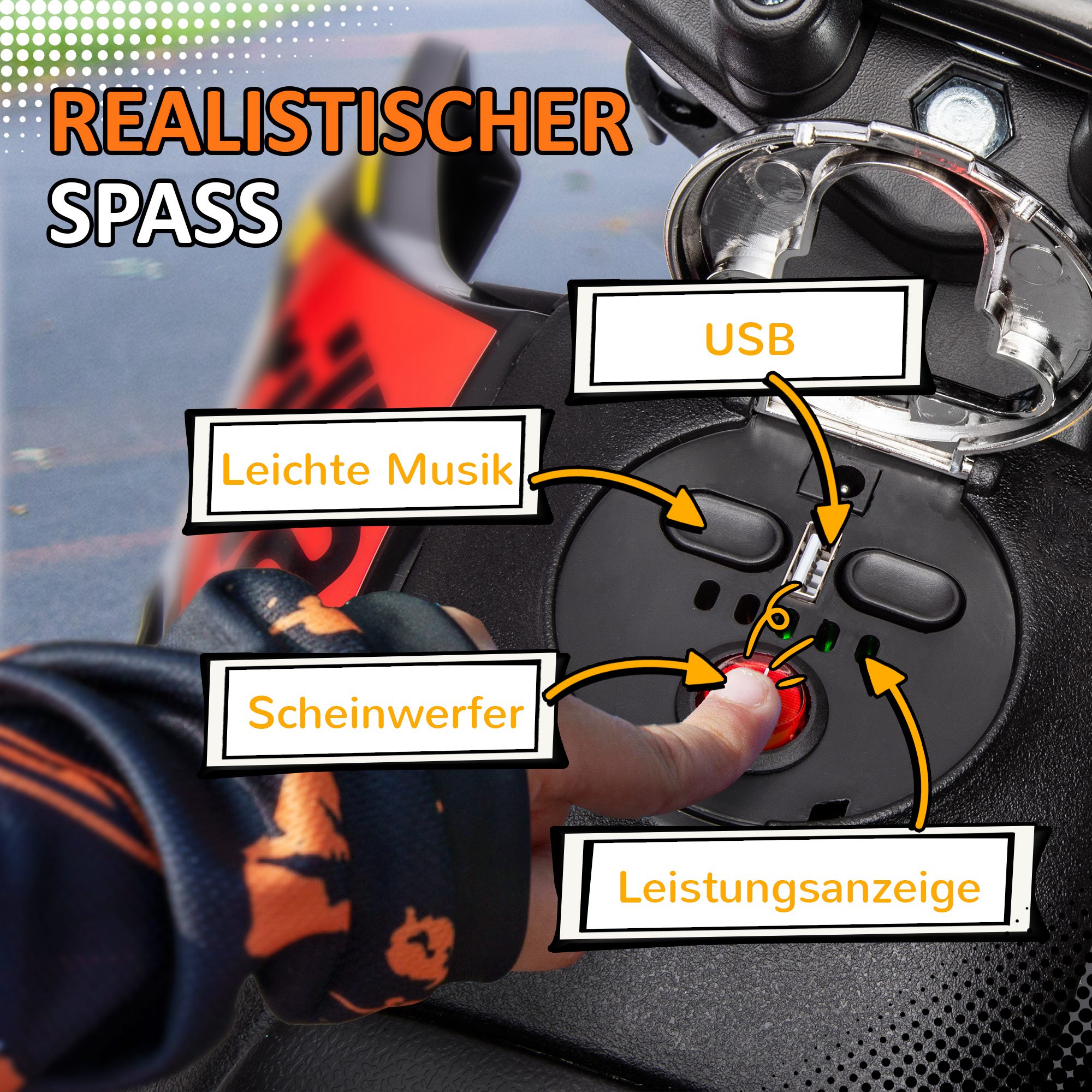 12V Kinder-Motorrad mit Stützrädern, LED-Lichtern, Musik, USB, Elektro-Motorrad für Jungen und Mädchen, Gelb
