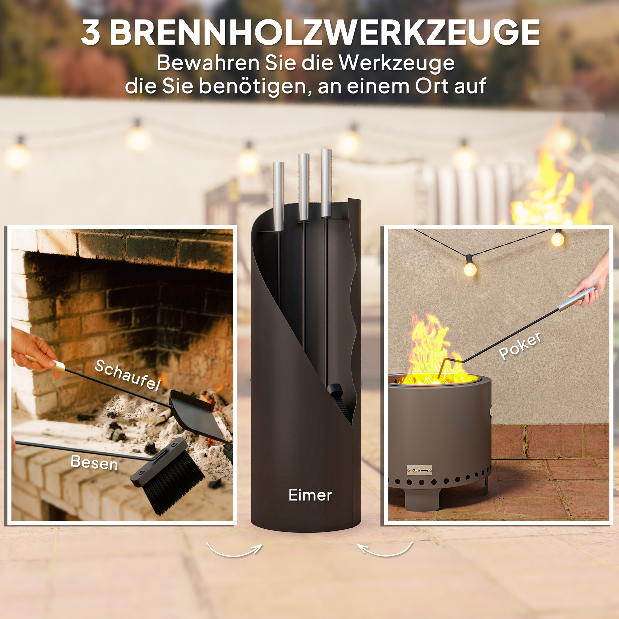 Kaminbesteck Set 4-teilig Kaminzubehör mit Besen, Schaufel, Schürhaken und Korb, Kamingarnitur, Metall, Schwarz