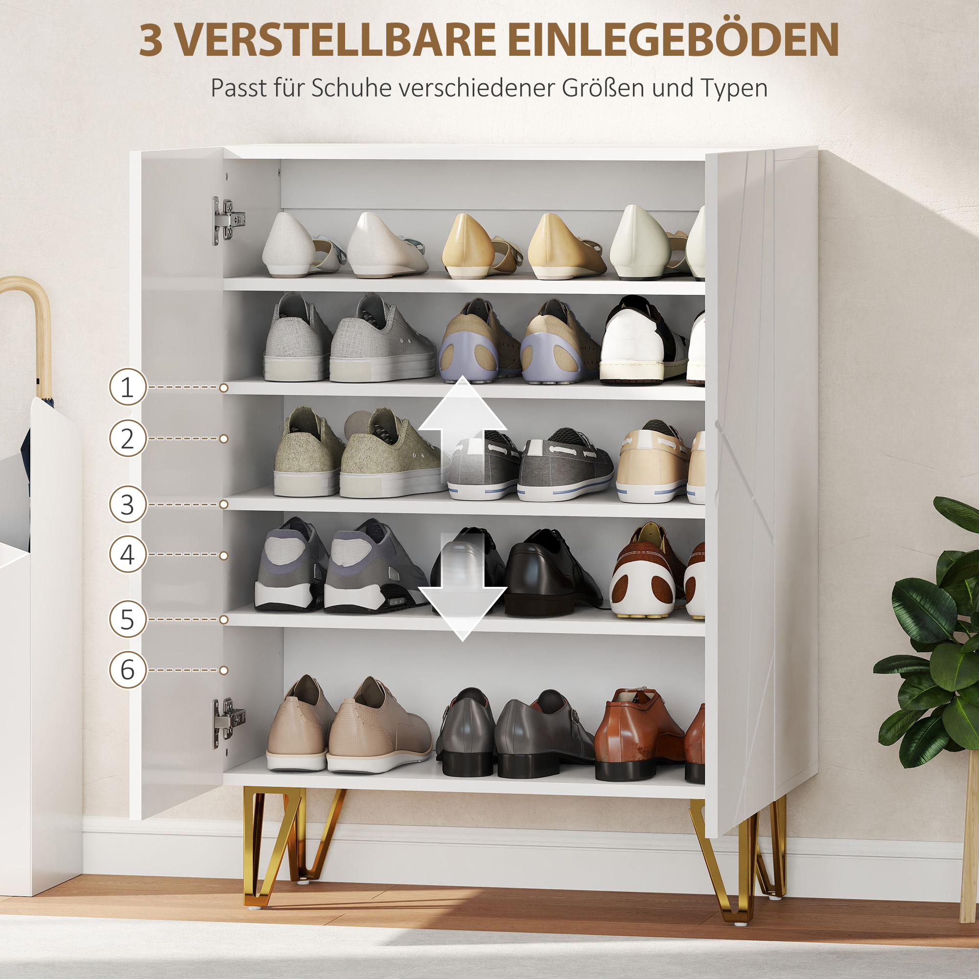 Schuhschrank mit 2 Türen, Schuhregal, Schuhaufbewahrung mit 3 Verstellbaren Ablagen 72 x 31,5 x 95 cm, Weiß