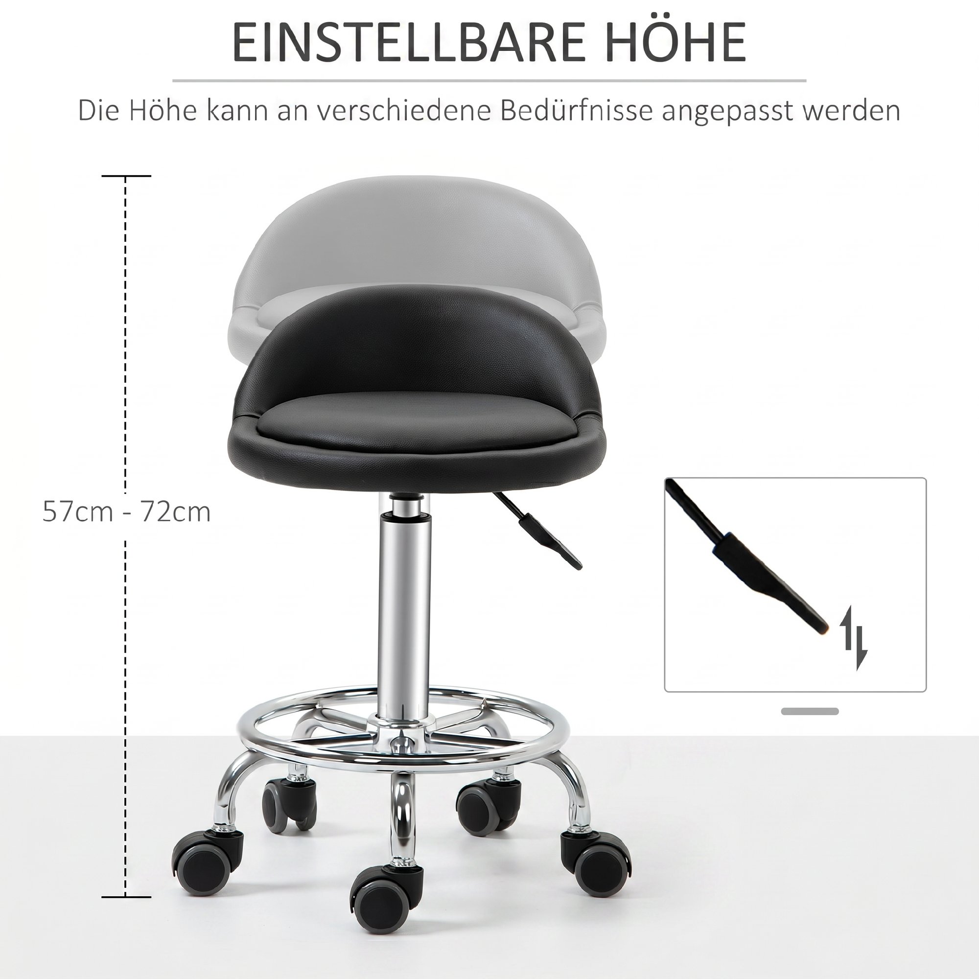 Rollhocker mit Rückenlehne 57-72 cm höhenverstellbar Drehhocker für Büro Salon Massage