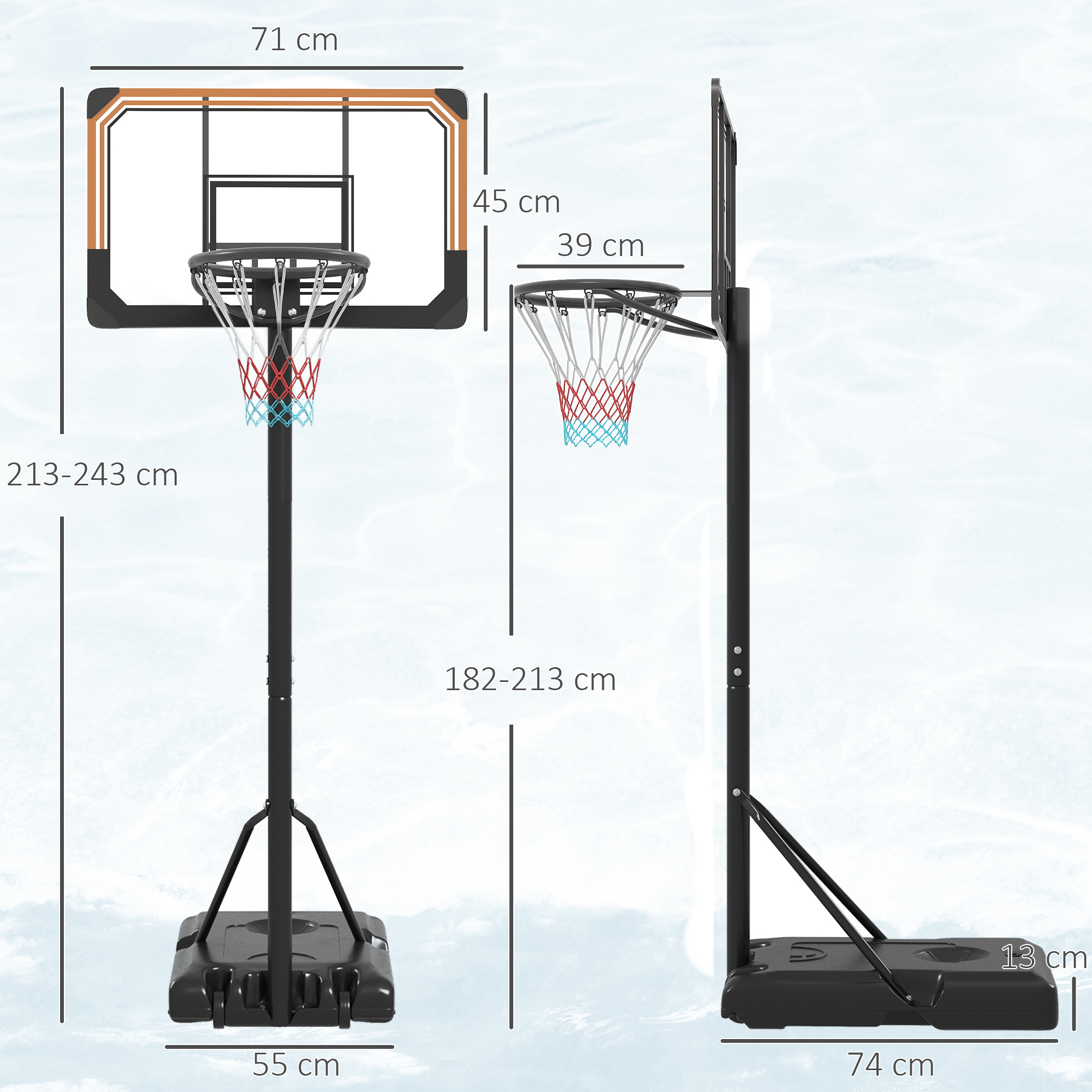 Basketballständer, höhenverstellbar, 182-213 cm Korbhöhe, wetterfest, mit Rollen, Metallrahmen