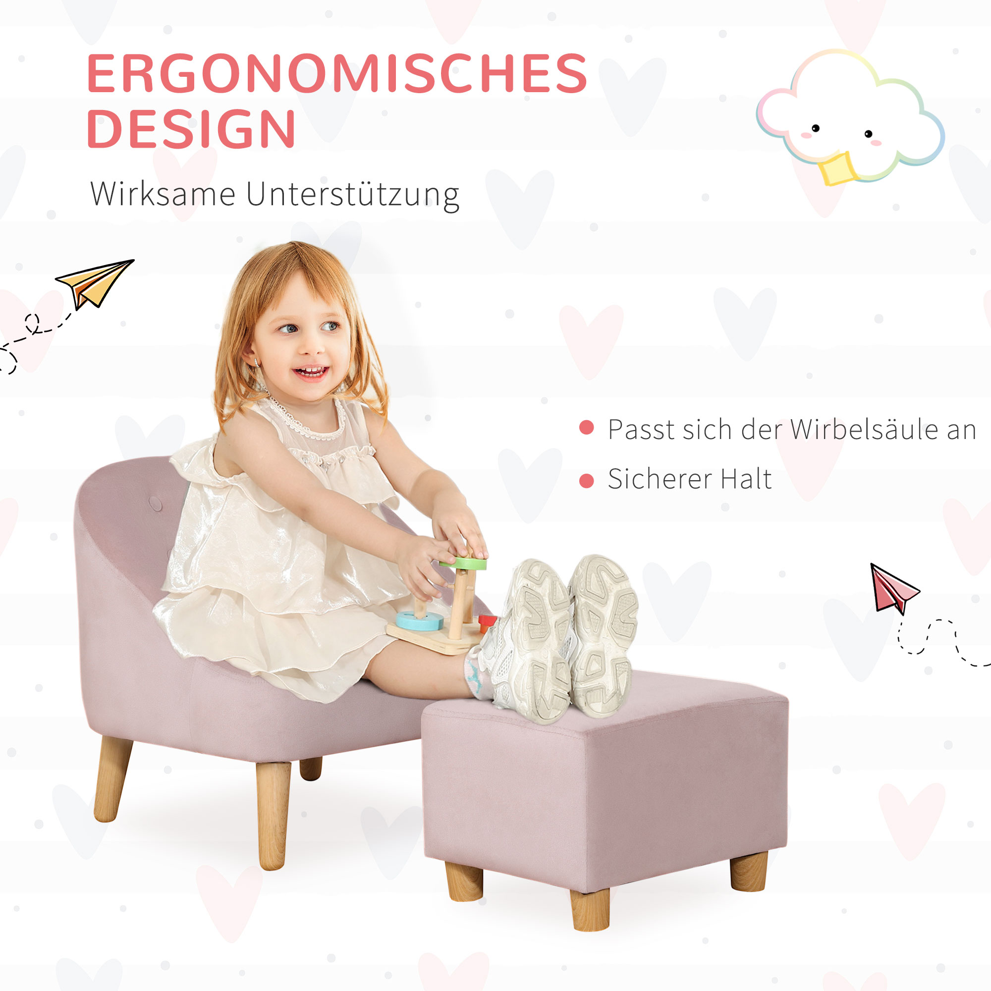 Kindersessel mit Ottomane für Kinder von 3 bis 5 Jahren Niedliches Design Samtoptik 51 cm x 51 cm x 50 cm Rosa